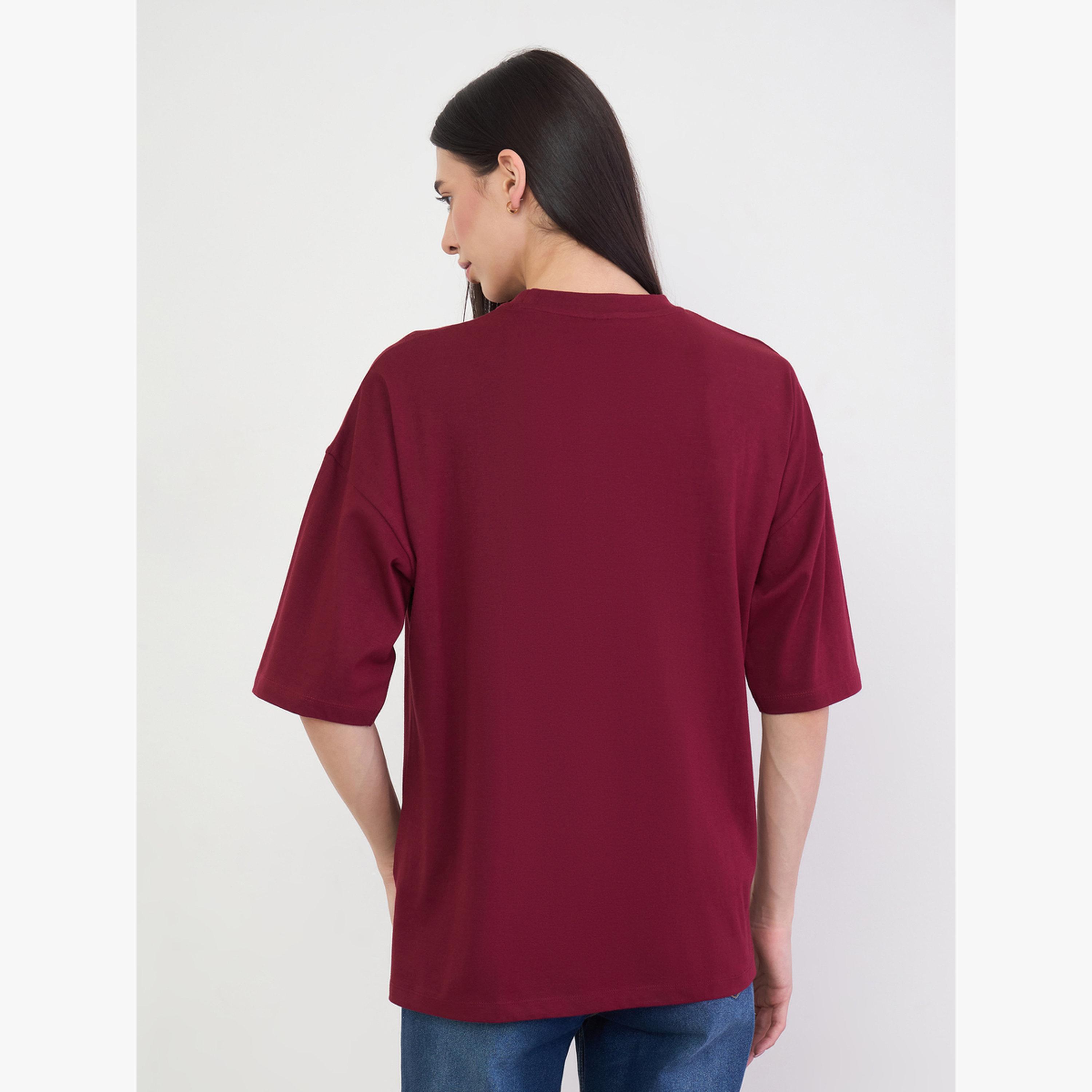 Styli Burgundy Embroidered Cotton Oversized T-Shirt-women-clothing-tshirts-image-4