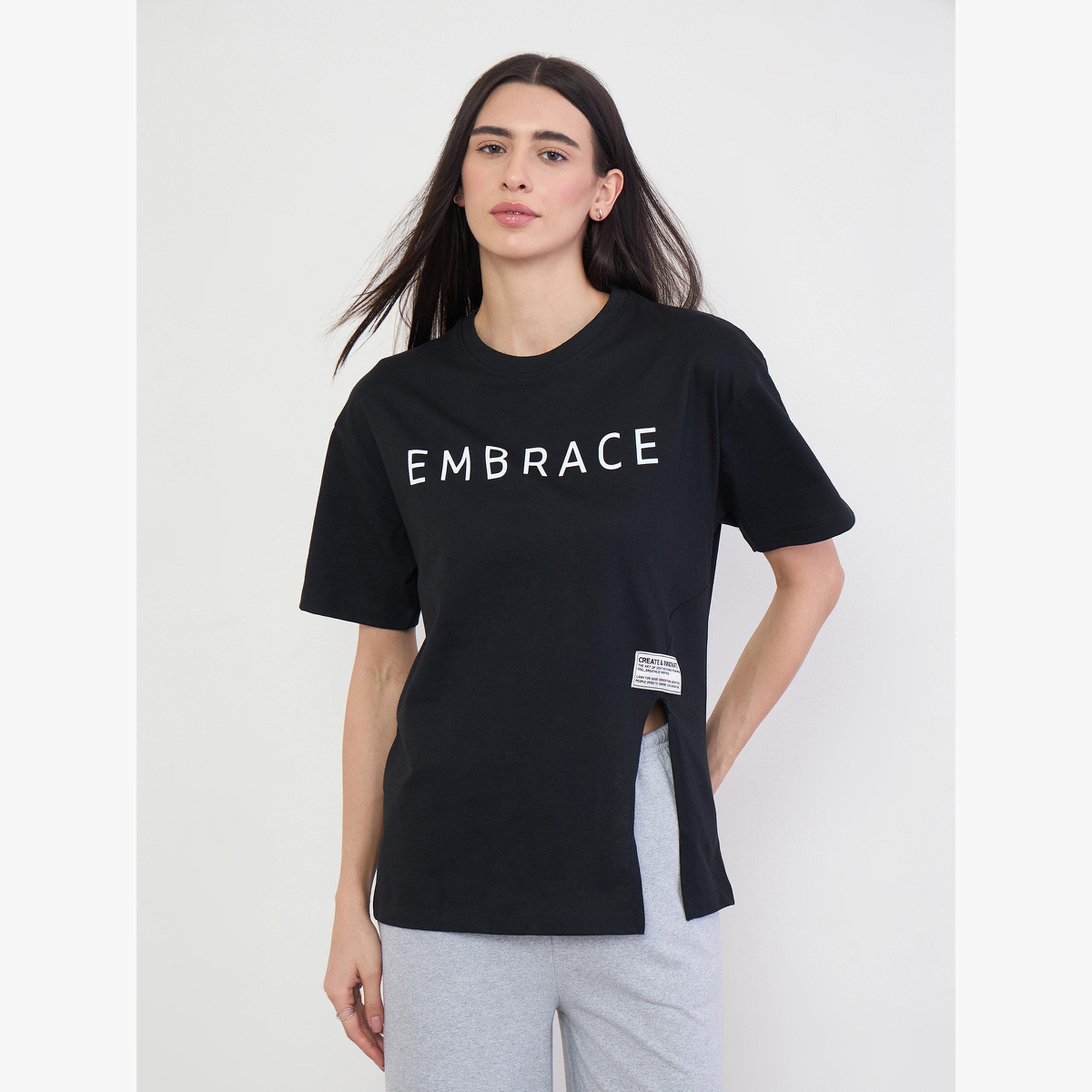 Styli Black 100% Cotton Oversized T-Shirt with Slit and Badge Detail-women-clothing-tshirts-image-1