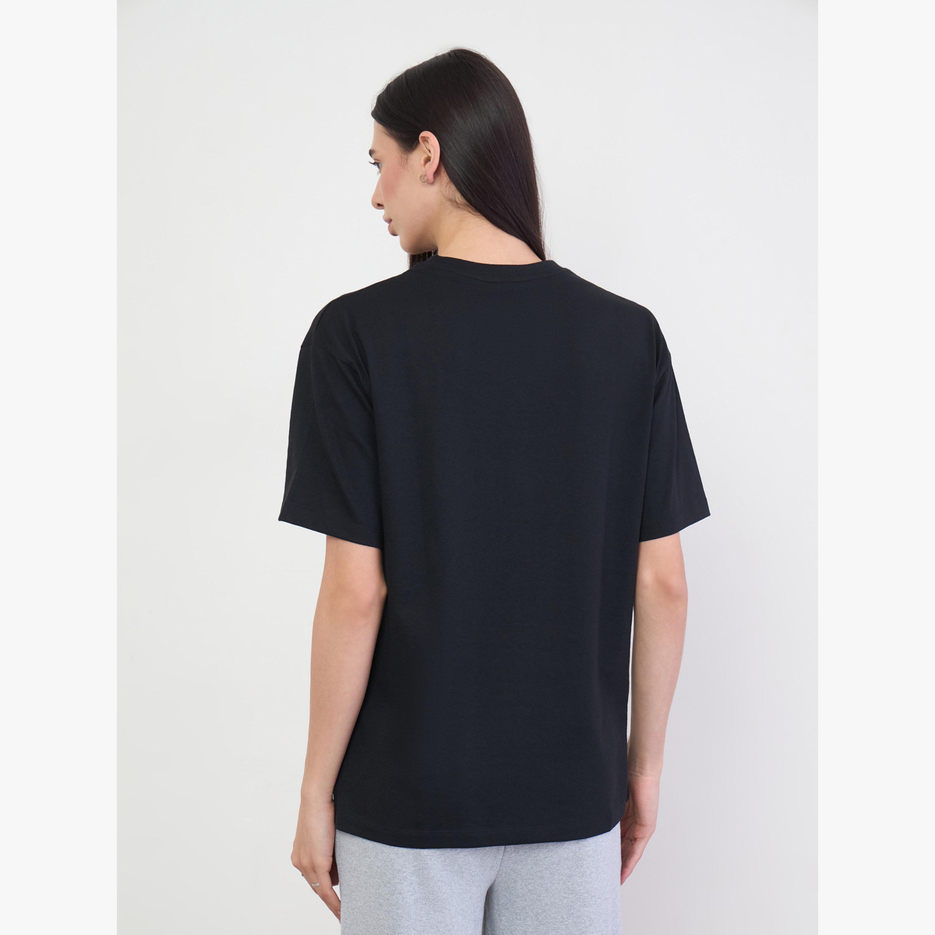 Styli Black 100% Cotton Oversized T-Shirt with Slit and Badge Detail-women-clothing-tshirts-image-4