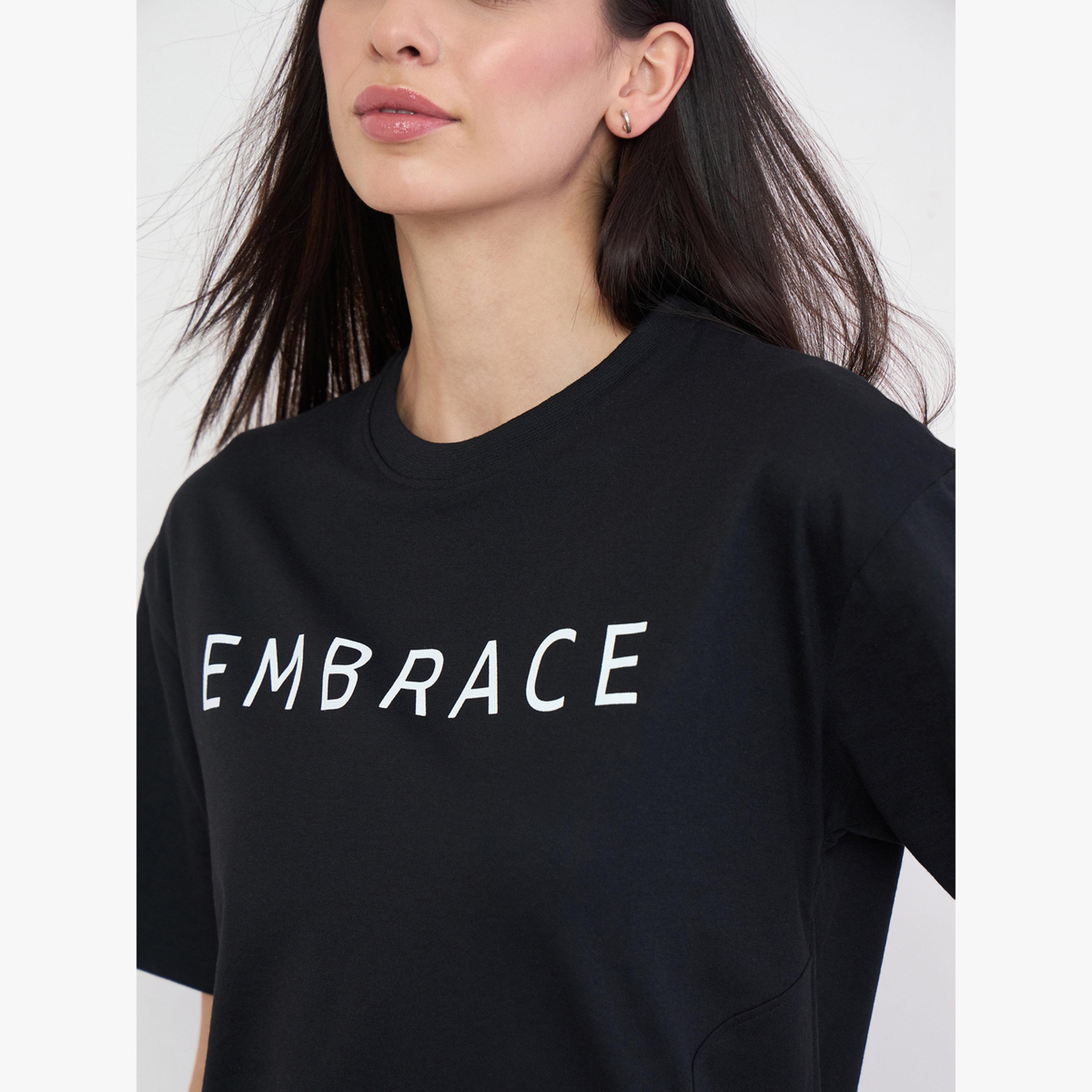 Styli Black 100% Cotton Oversized T-Shirt with Slit and Badge Detail-women-clothing-tshirts-image-6