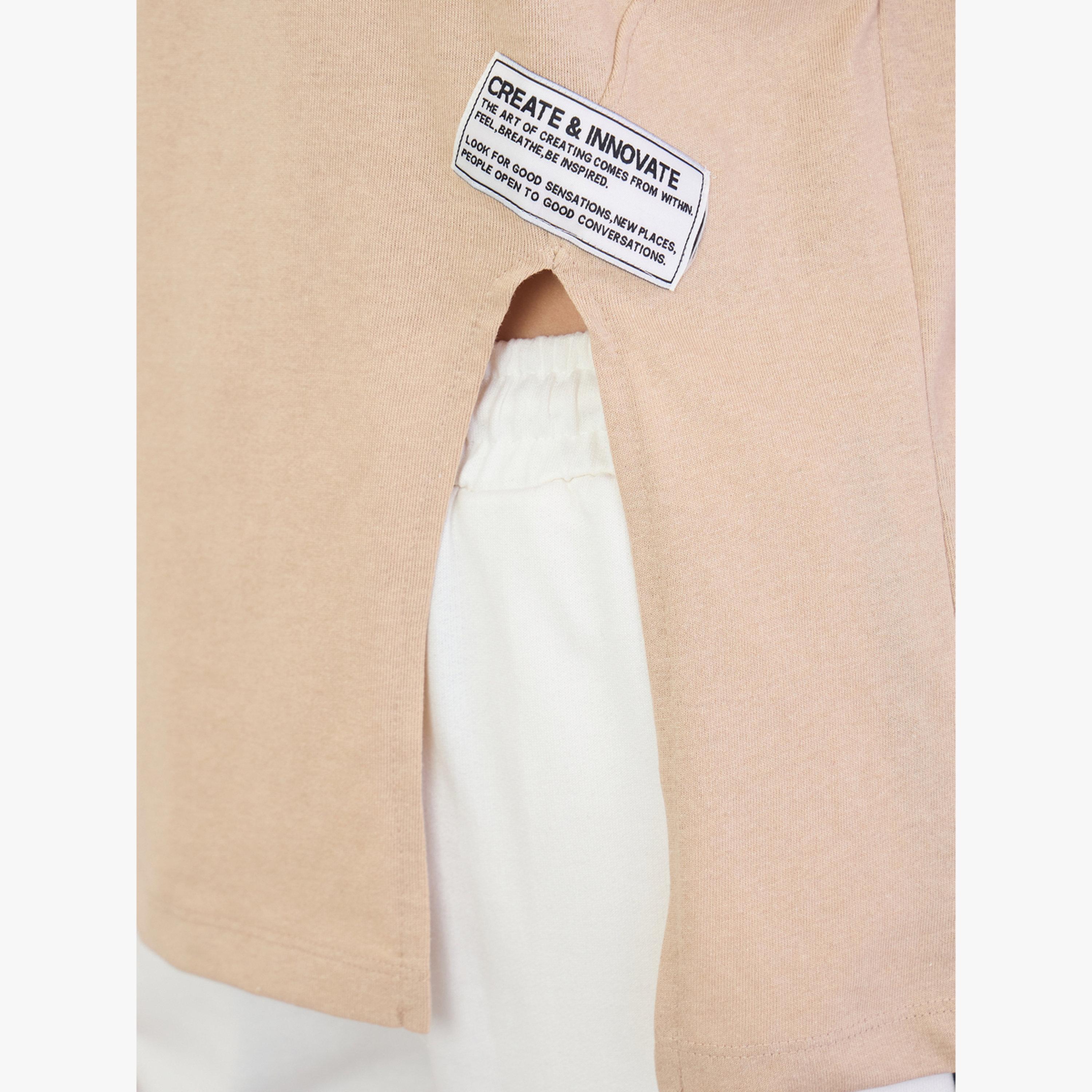 Styli Beige 100% Cotton Oversized T-Shirt with Slit and Badge Detail-women-clothing-tshirts-image-5