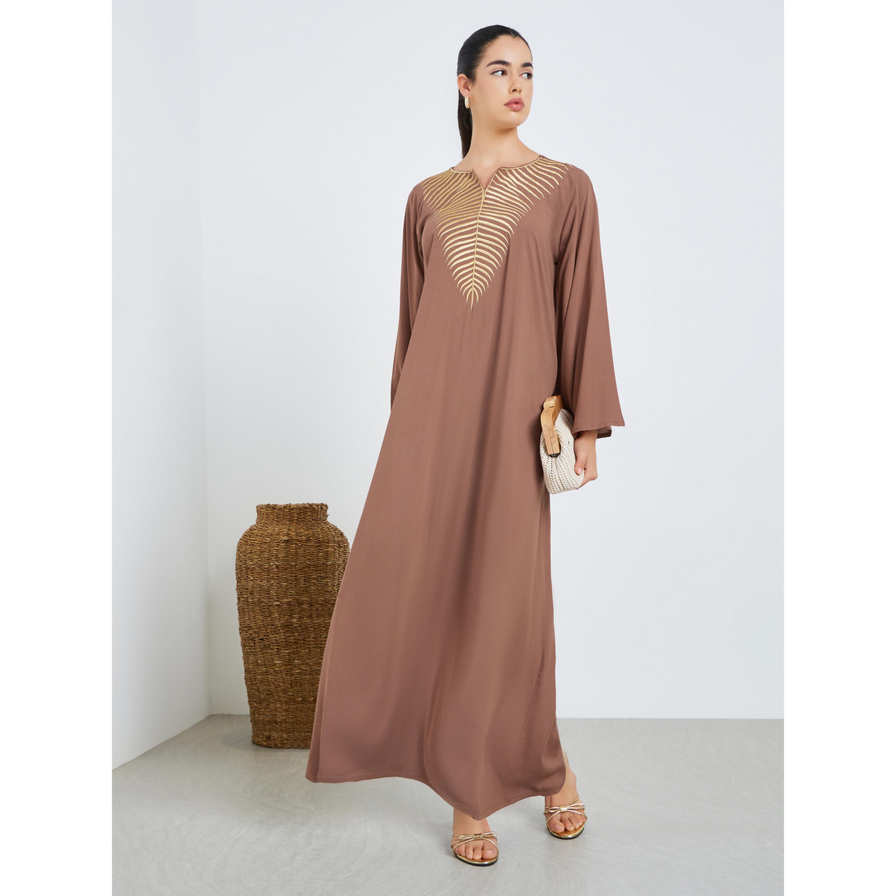 Styli Women Brown Embroidered A-Line Jalabiya-women-arabicclothing-jalabiyas-image-3