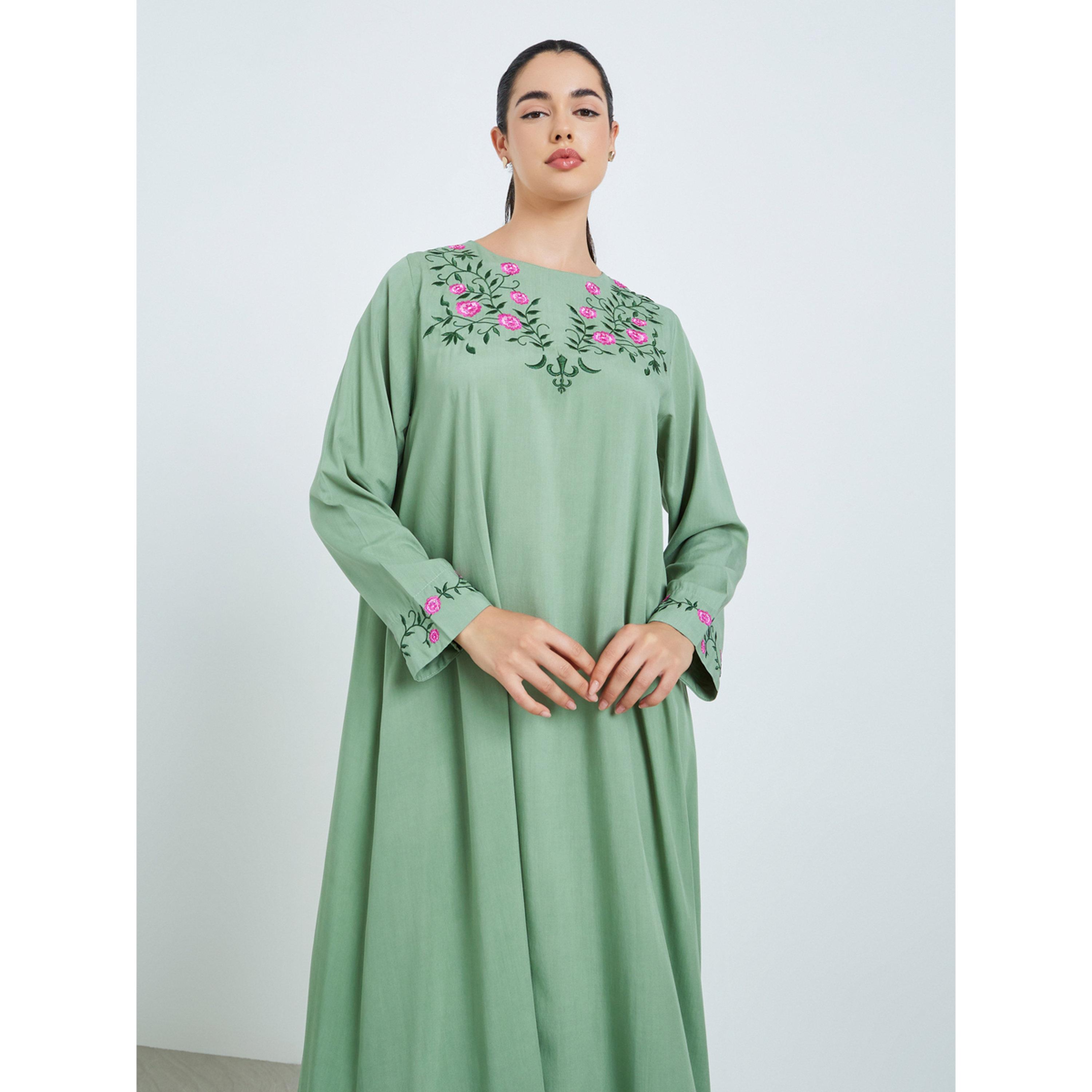 Styli Women Green Embroidered A-Line Jalabiya-women-arabicclothing-jalabiyas-image-2