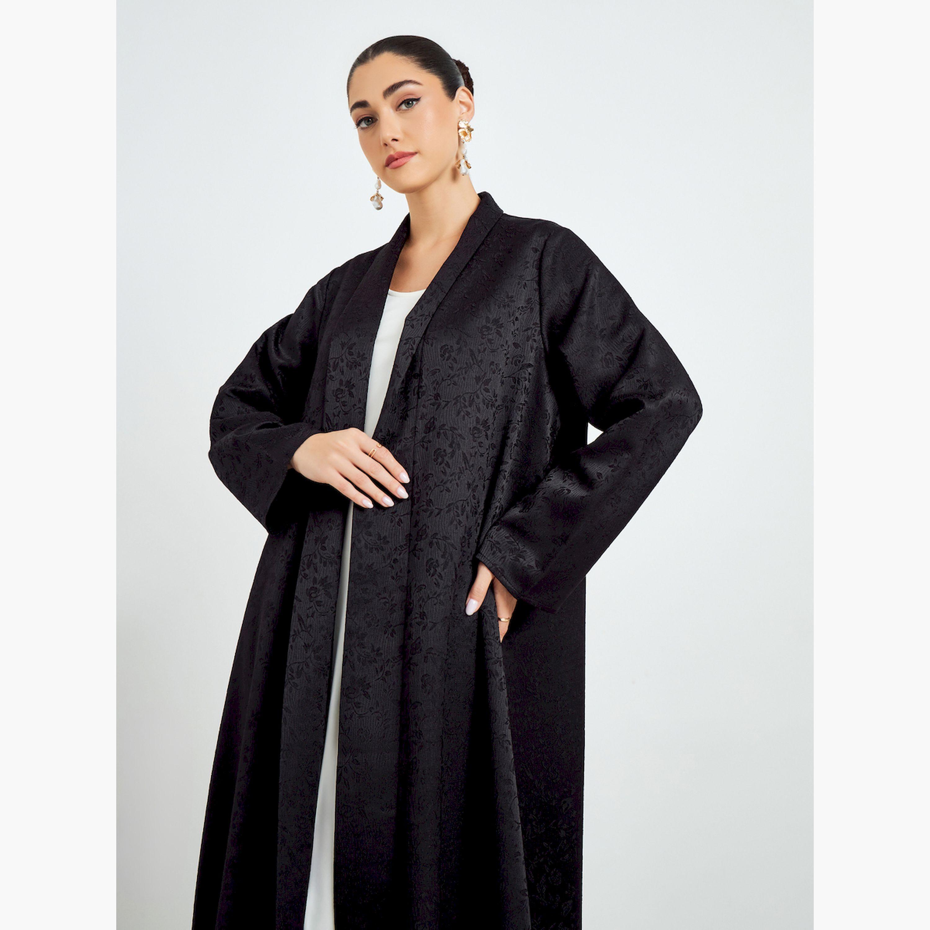Styli Black Jacquard Front Open Abaya-women-arabicclothing-abayas-image-2