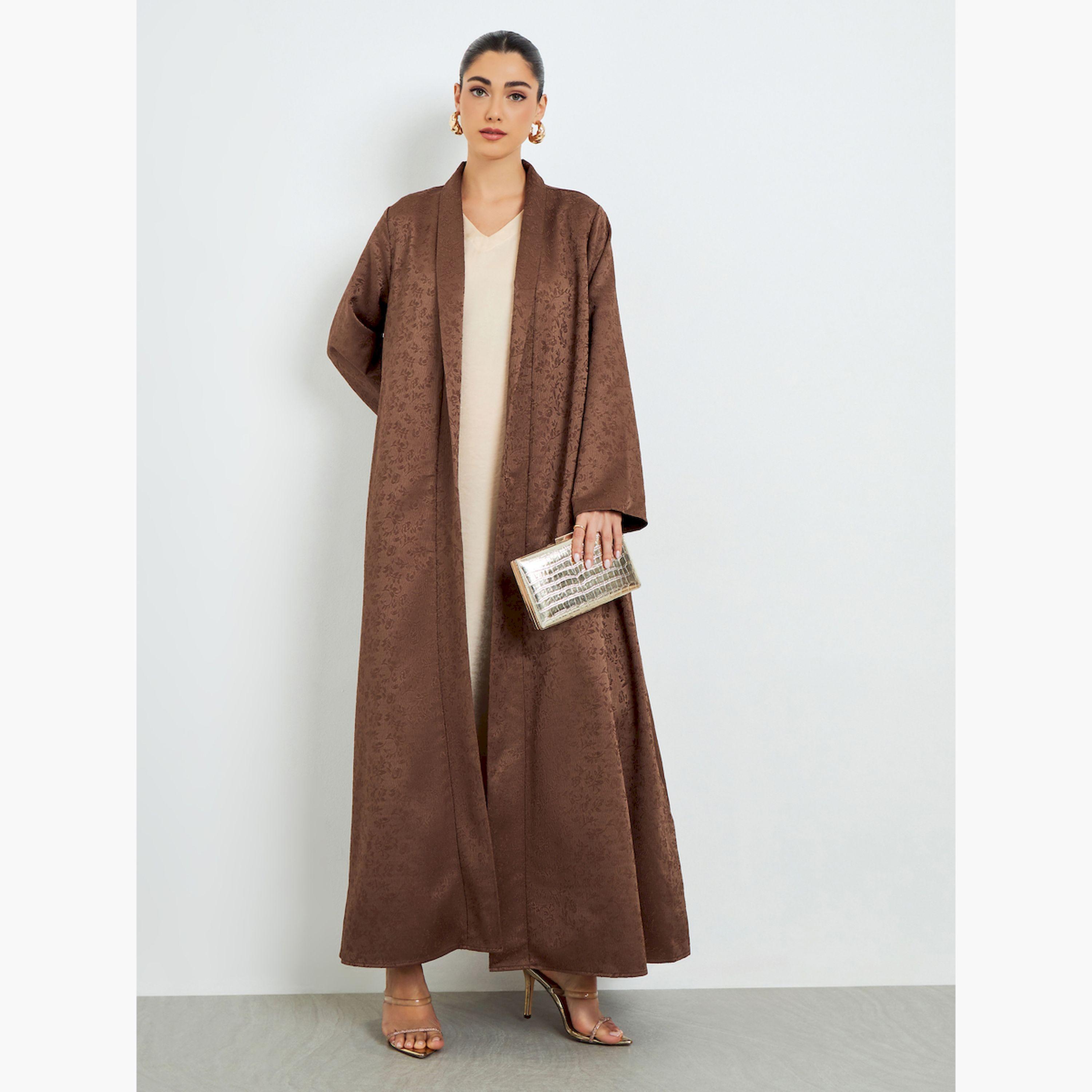 Styli Brown Jacquard Front Open Abaya-women-arabicclothing-abayas-image-1