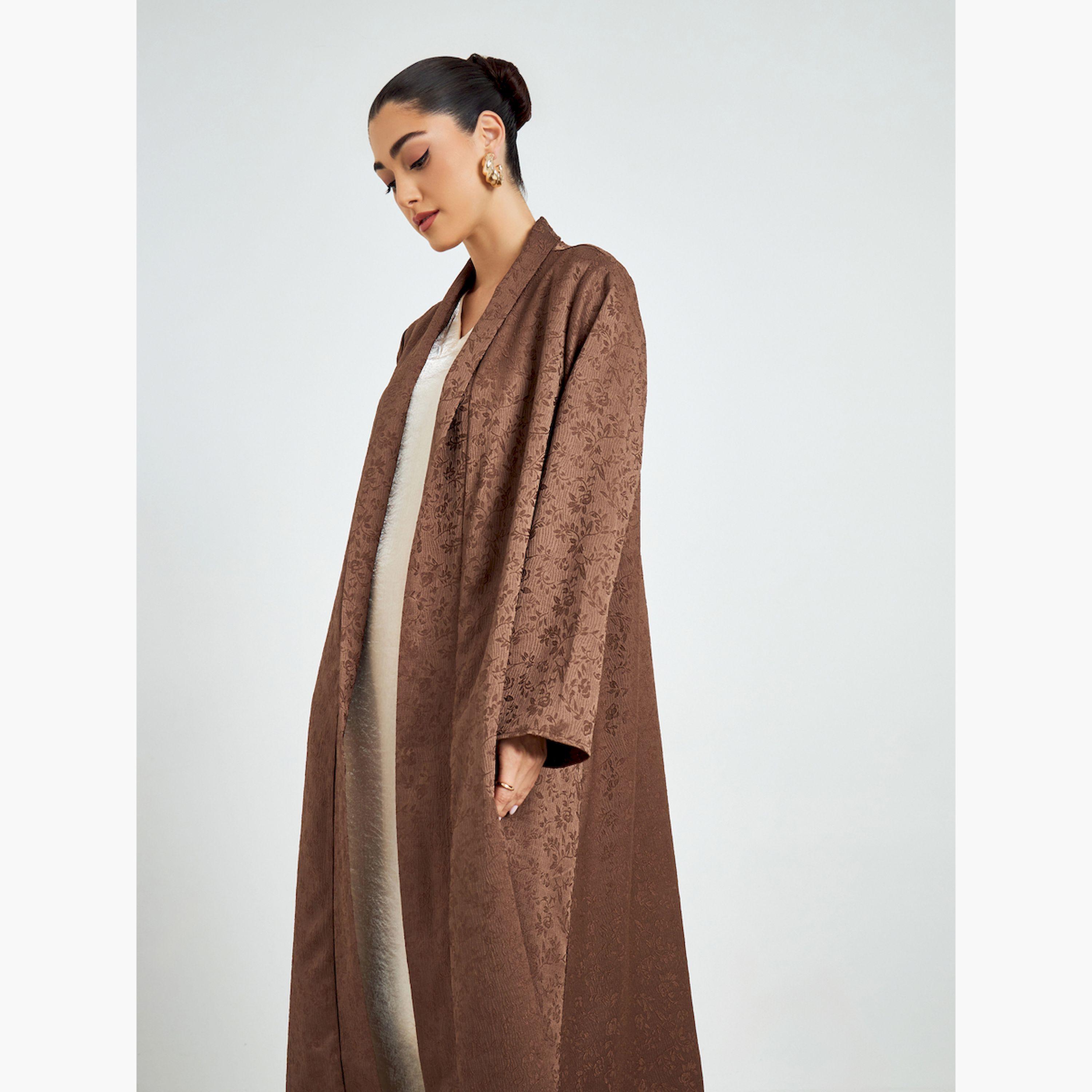 Styli Brown Jacquard Front Open Abaya-women-arabicclothing-abayas-image-2