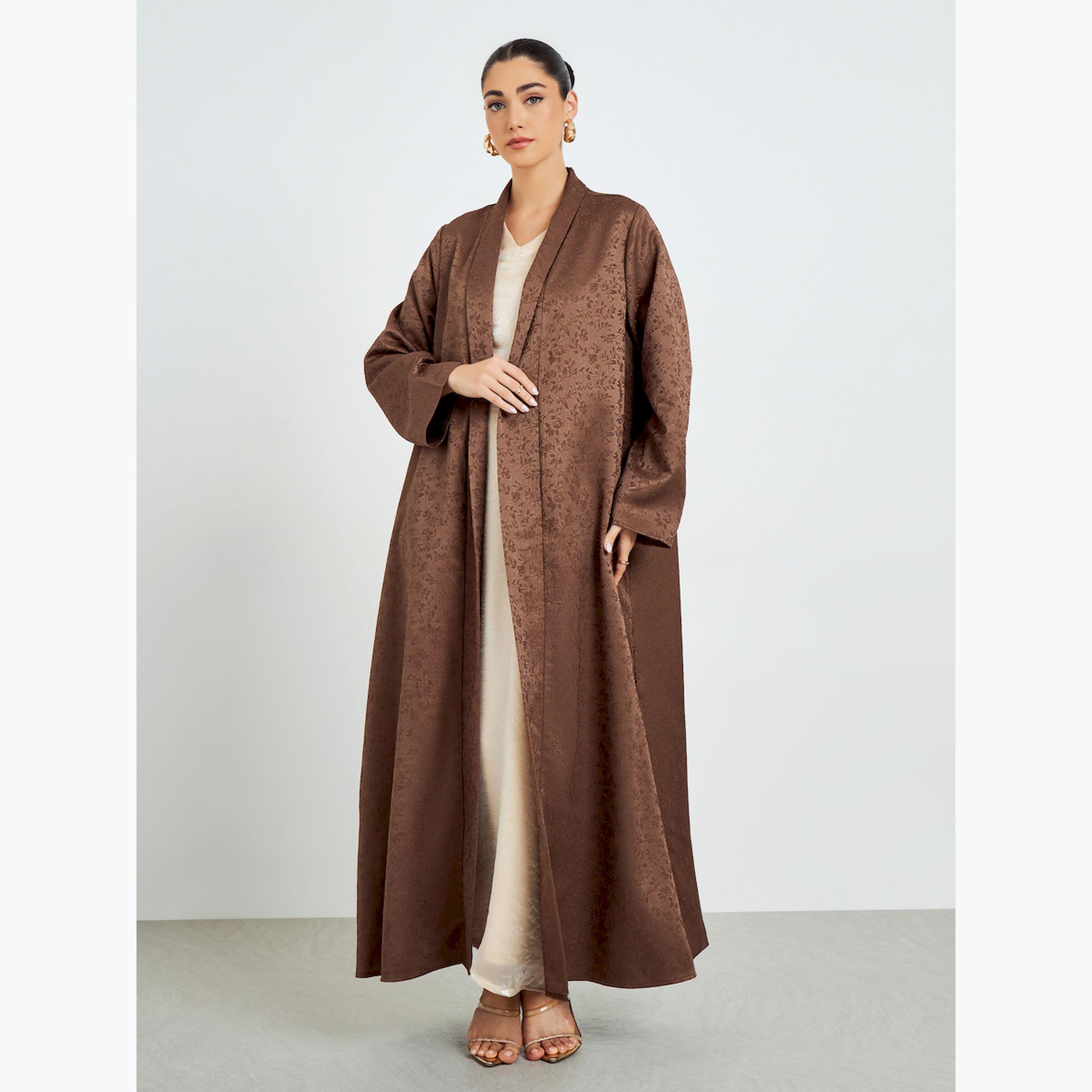 Styli Brown Jacquard Front Open Abaya-women-arabicclothing-abayas-image-3