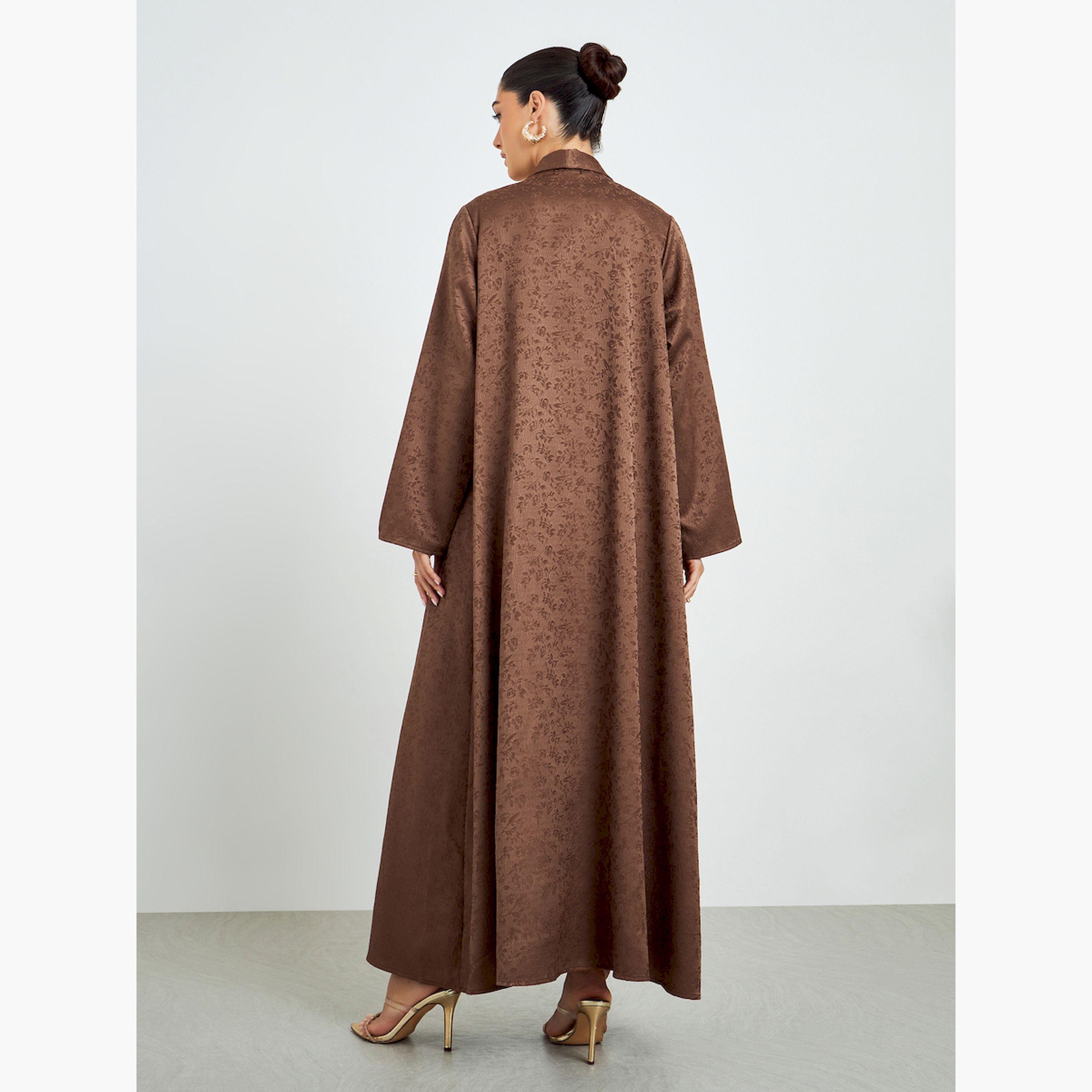 Styli Brown Jacquard Front Open Abaya-women-arabicclothing-abayas-image-4