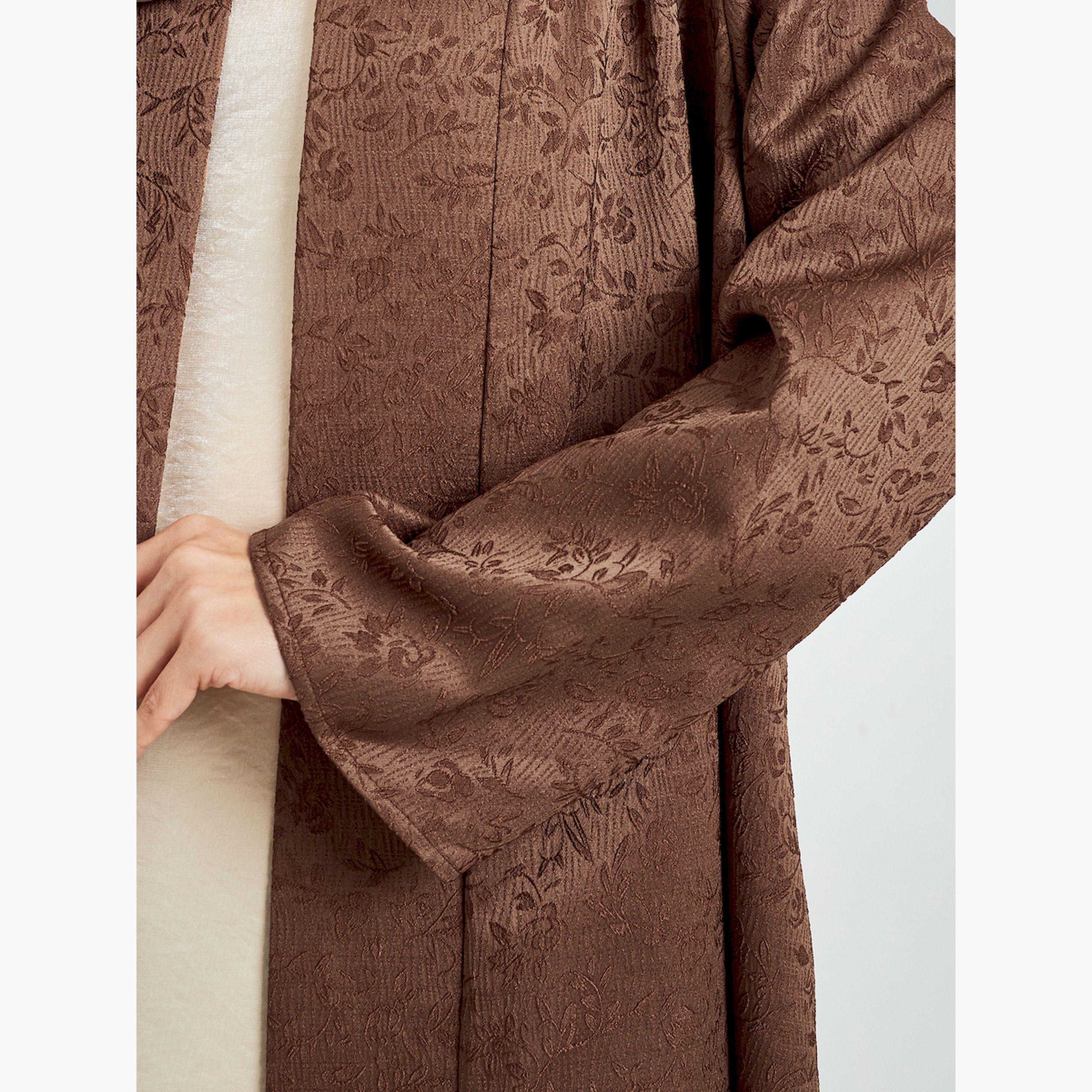 Styli Brown Jacquard Front Open Abaya-women-arabicclothing-abayas-image-5