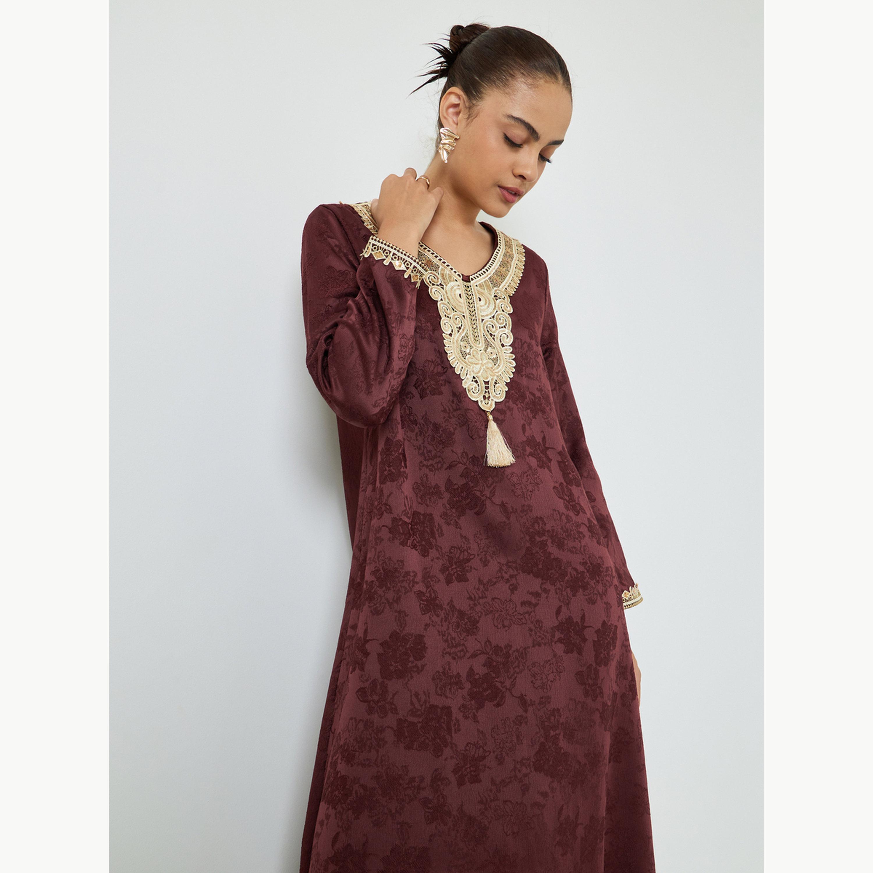 Amirah X Styli Burgundy Lace Insert Embellished Jalabiya-women-arabicclothing-jalabiyas-image-2