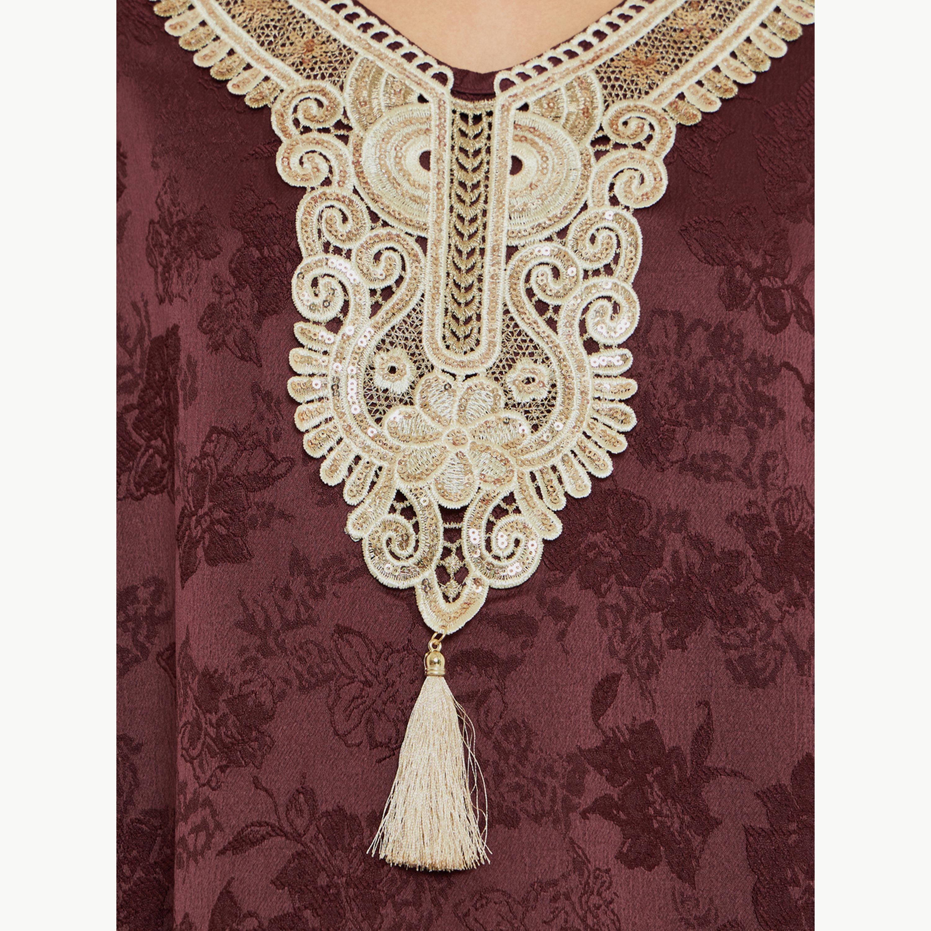 Amirah X Styli Burgundy Lace Insert Embellished Jalabiya-women-arabicclothing-jalabiyas-image-4
