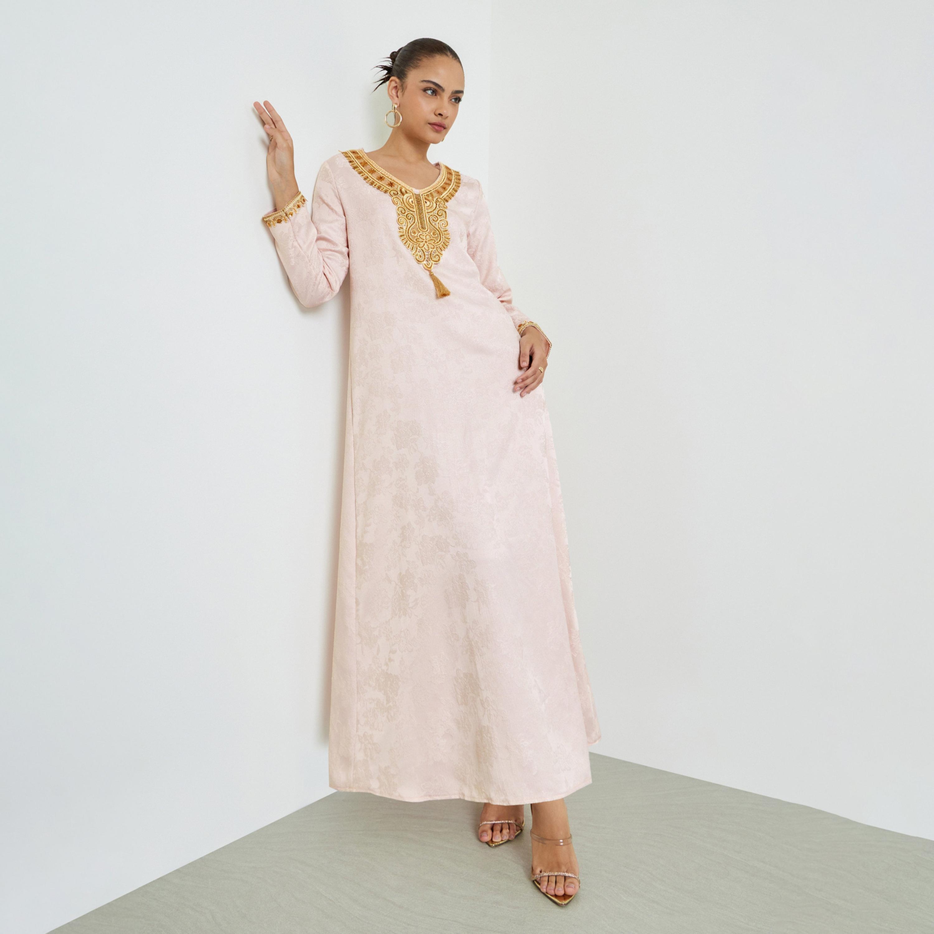 Amirah X Styli Light Pink Embroidered Lace Jalabiya-women-arabicclothing-jalabiyas-image-1