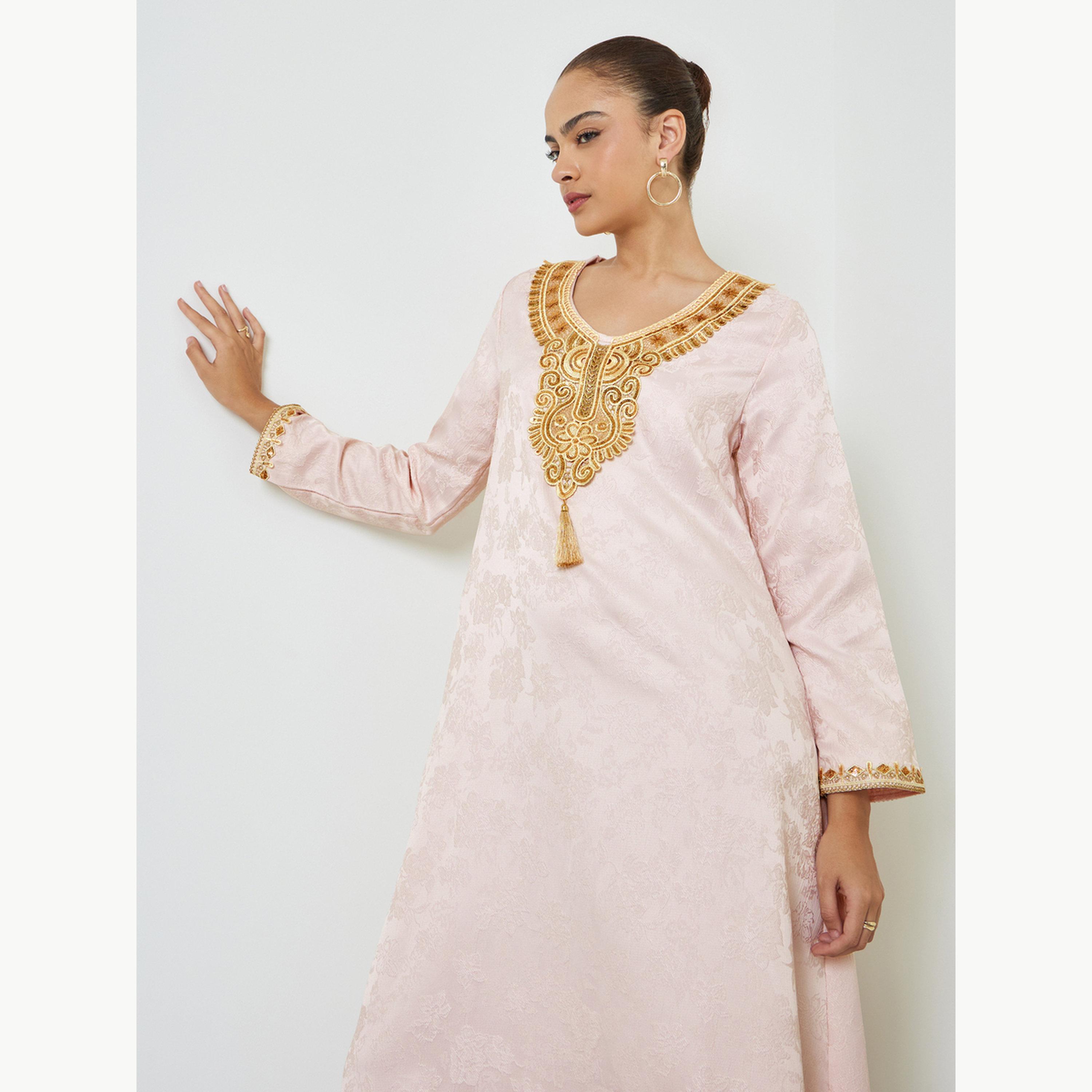 Amirah X Styli Light Pink Embroidered Lace Jalabiya-women-arabicclothing-jalabiyas-image-2
