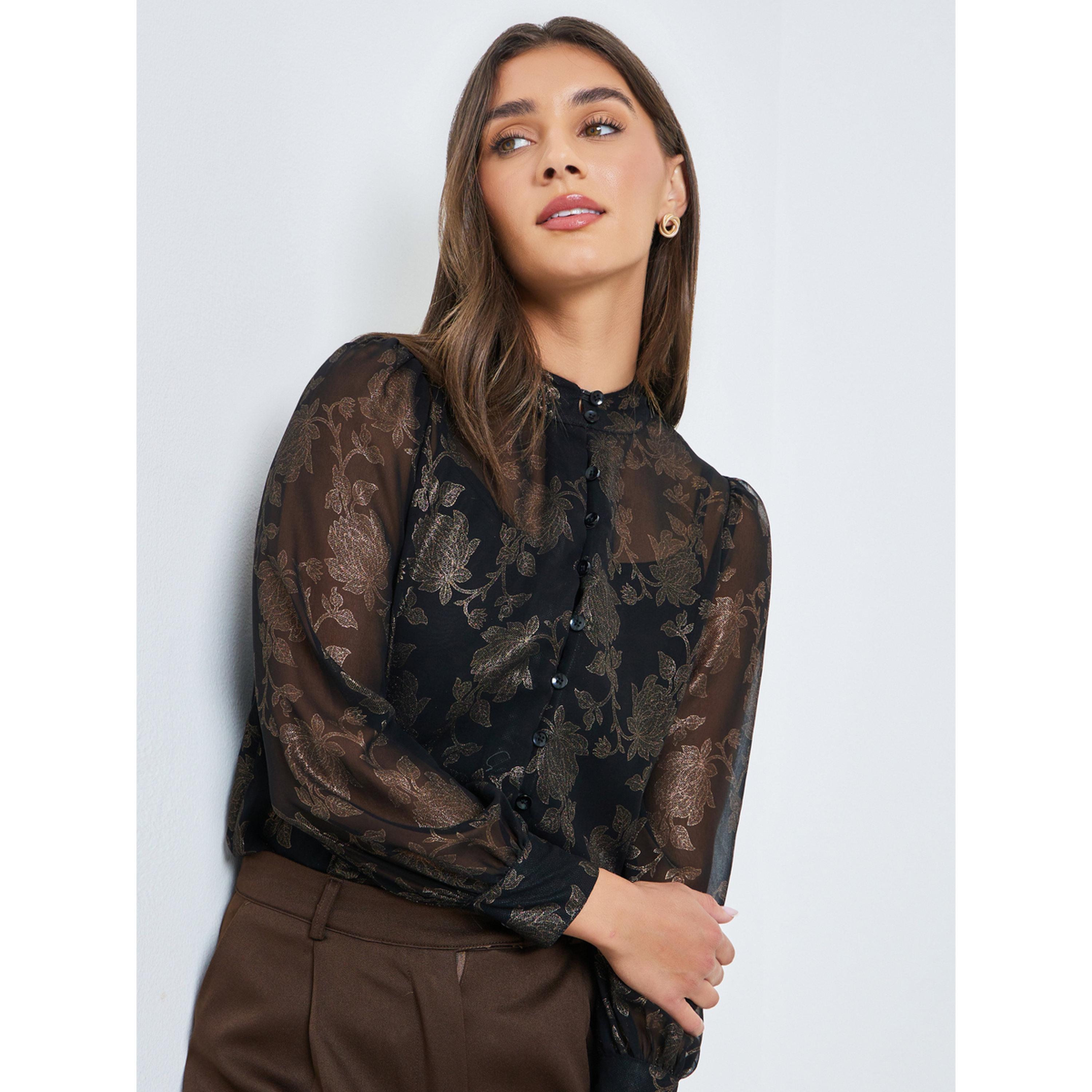 Styli Black Floral Print Sheer Blouse with Inner Cami-women-clothing-shirtsandblouses-blouses-image-3