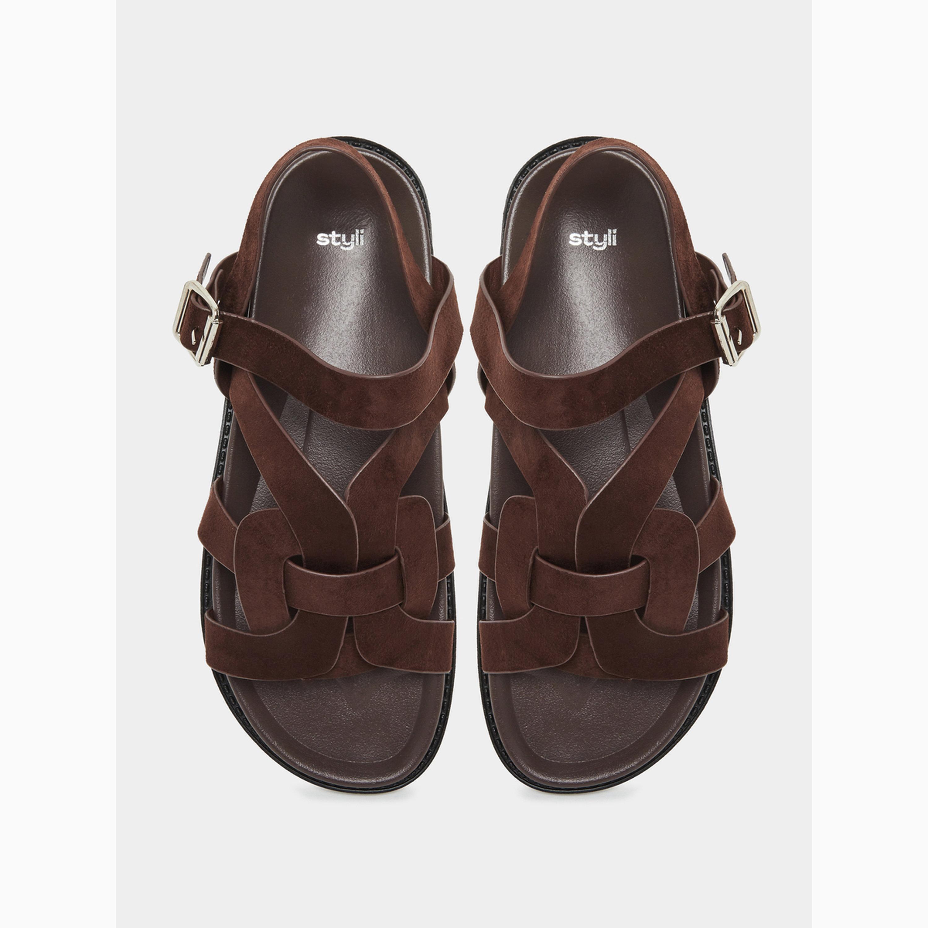 Styli Brown Leather Strappy Sandals-women-shoes-sandals-flats-image-2