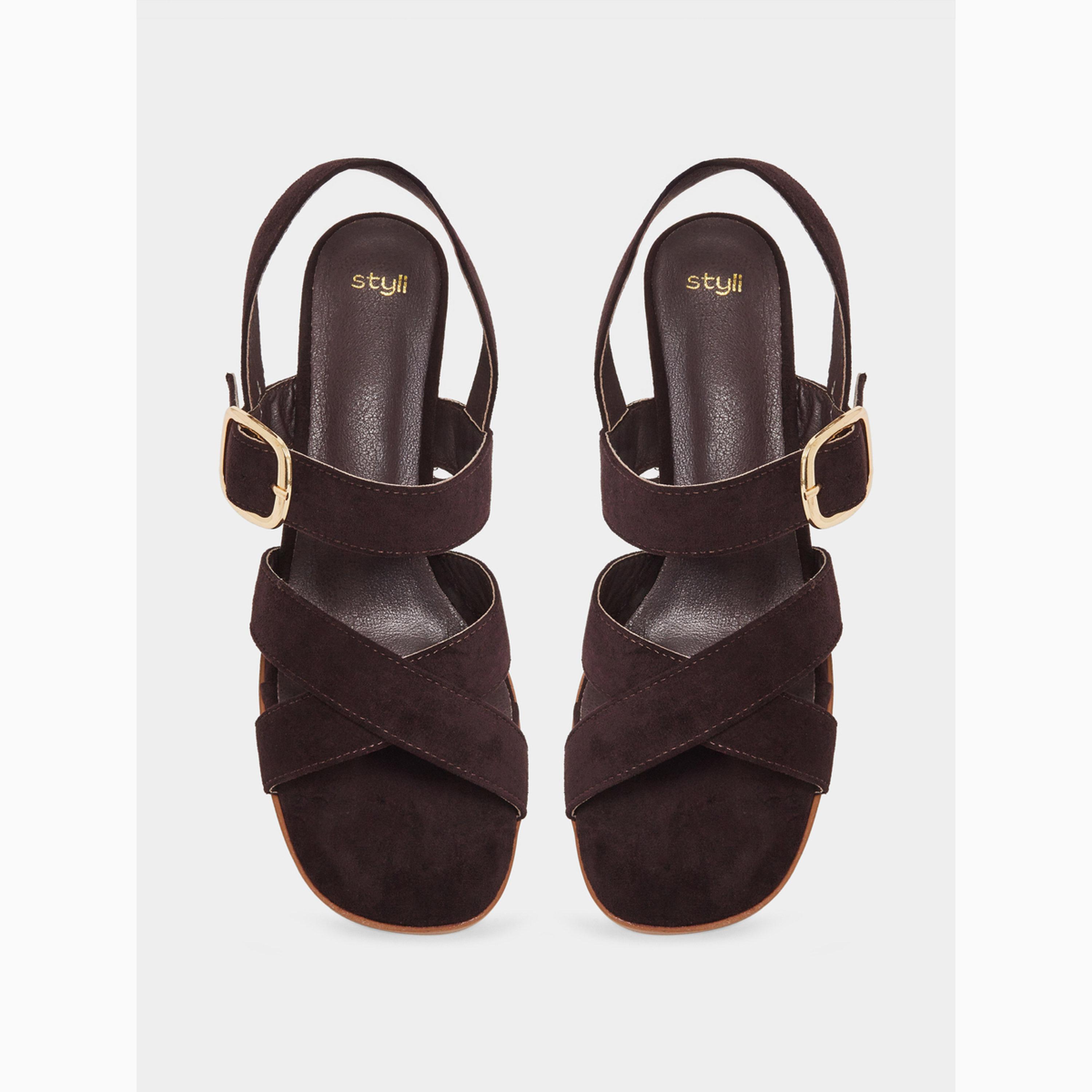 Styli Brown Cross Strap Block Heel Sandals-women-shoes-sandals-heeled-image-5