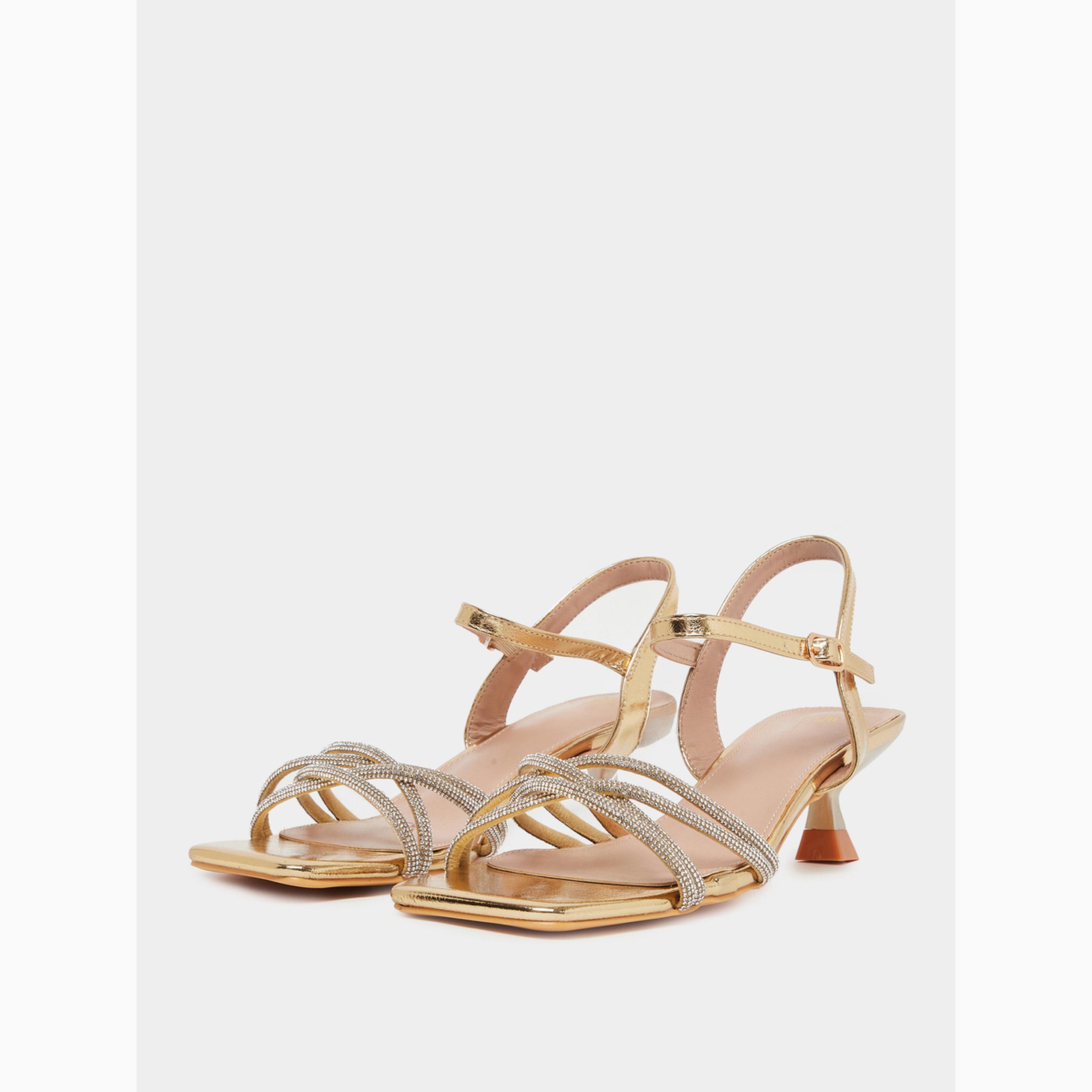 Styli Gold Embellished Strappy Kitten Heel Sandals-women-shoes-sandals-heeled-image-1