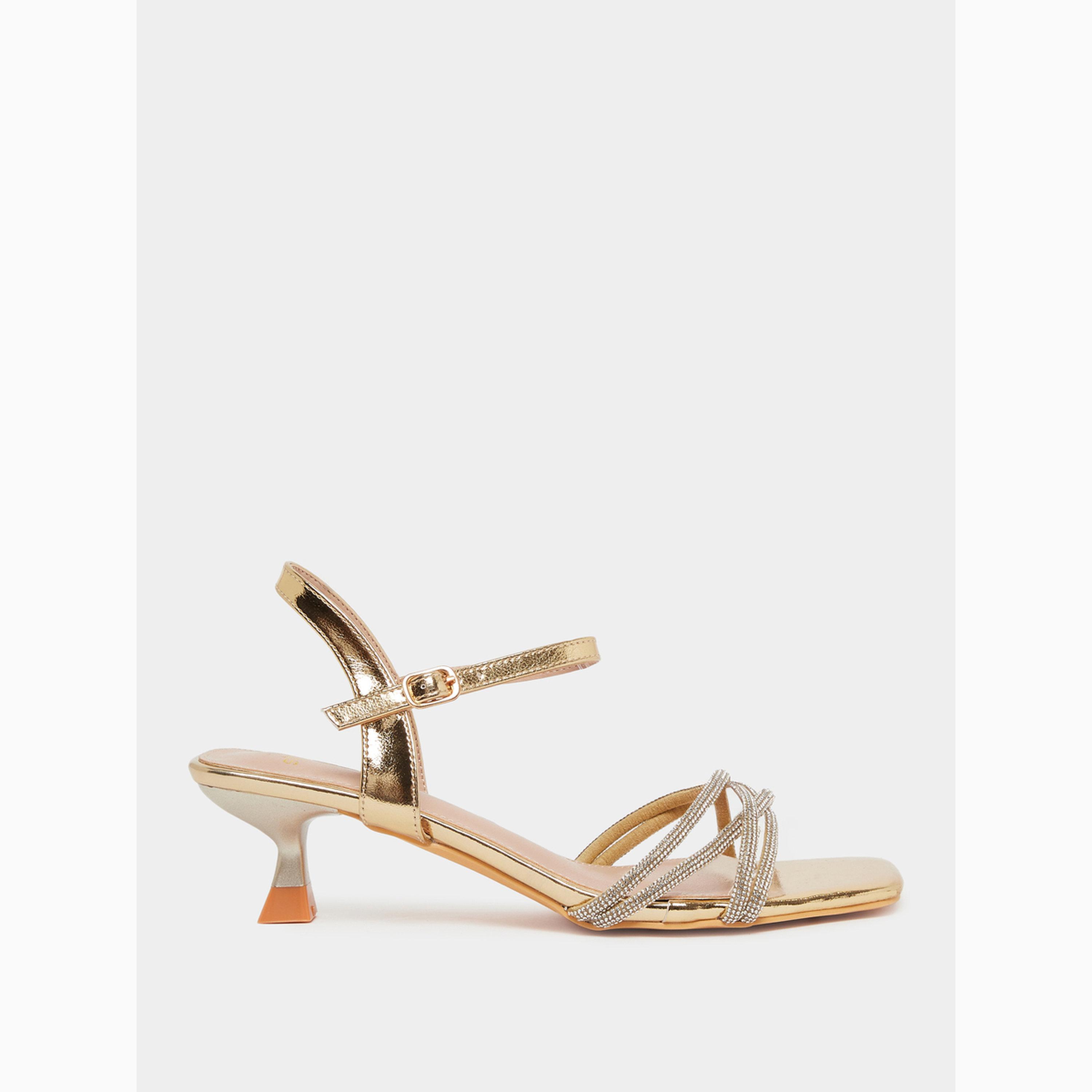 Styli Gold Embellished Strappy Kitten Heel Sandals-women-shoes-sandals-heeled-image-2