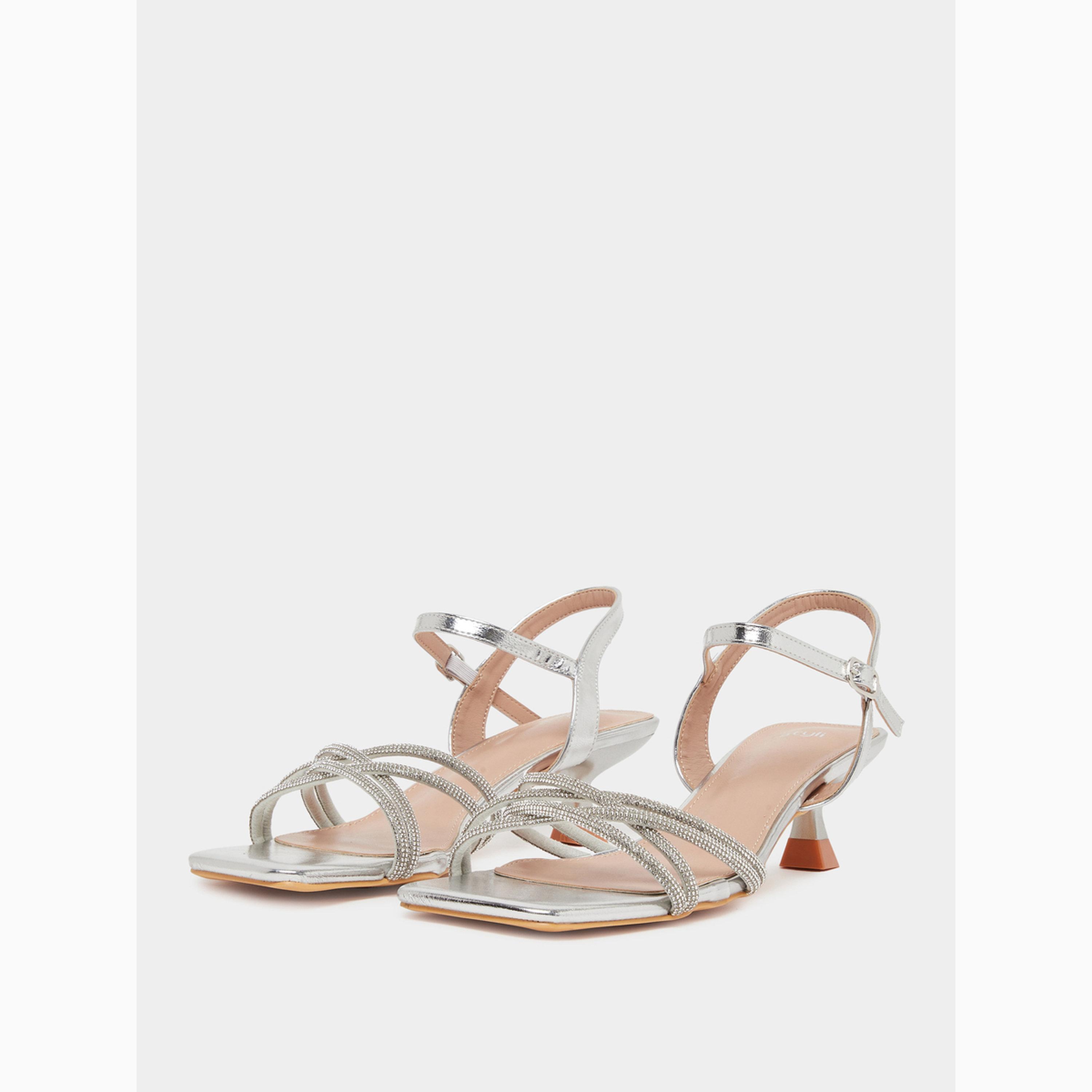 Styli Silver Embellished Strappy Kitten Heel Sandals-women-shoes-sandals-heeled-image-1