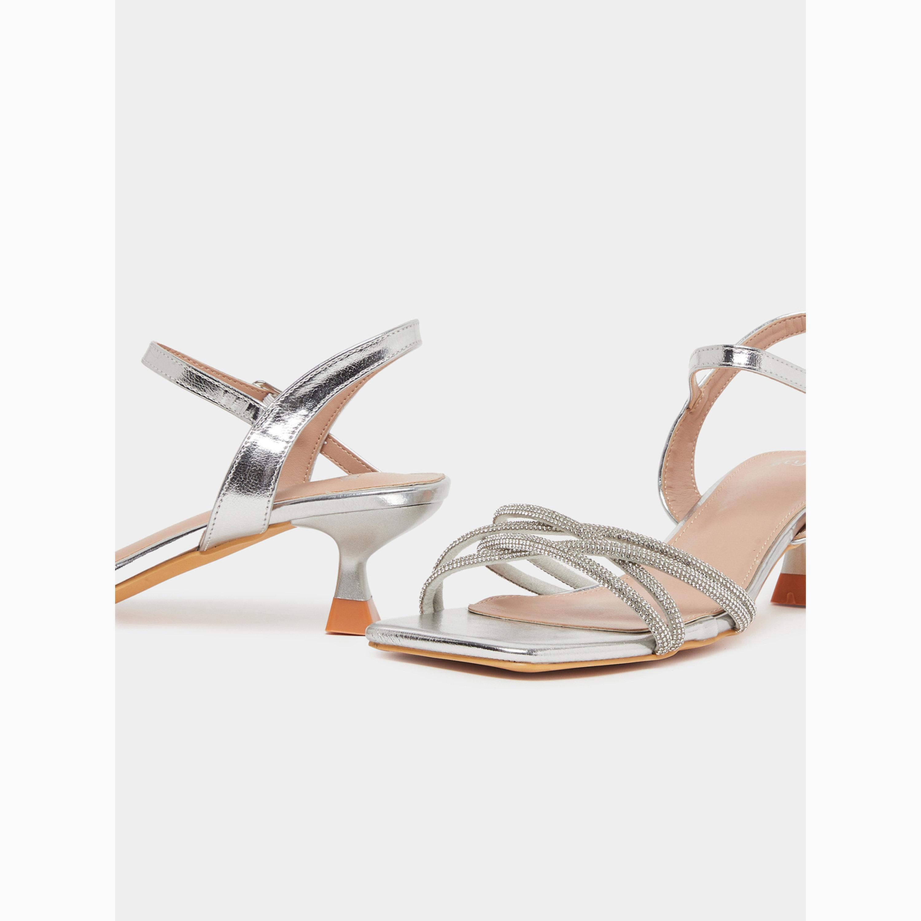 Styli Silver Embellished Strappy Kitten Heel Sandals-women-shoes-sandals-heeled-image-3