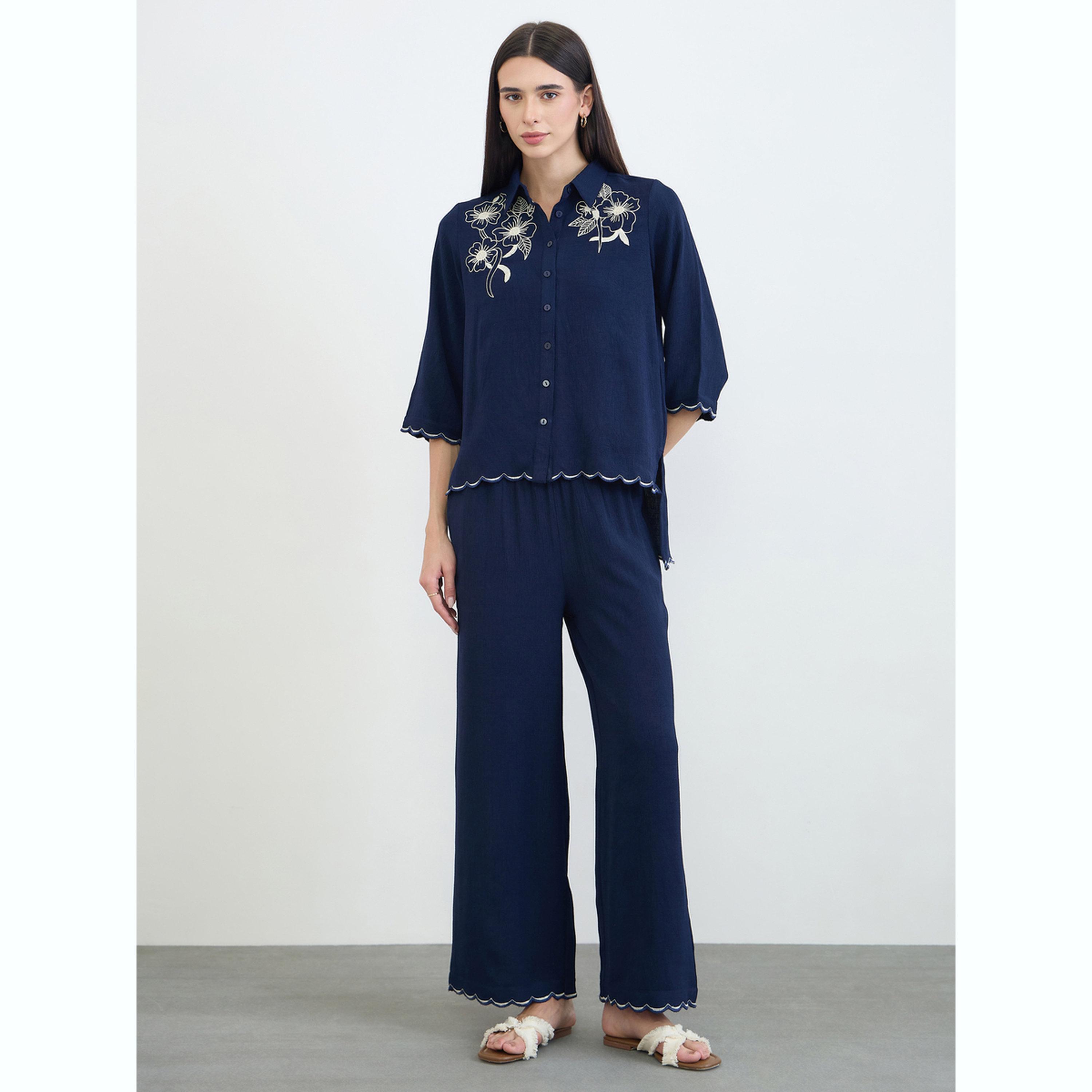 Styli Navy Blue Chambray Embroidered Shirt and Pants Co-Ords-women-clothing-coordsets-image-1
