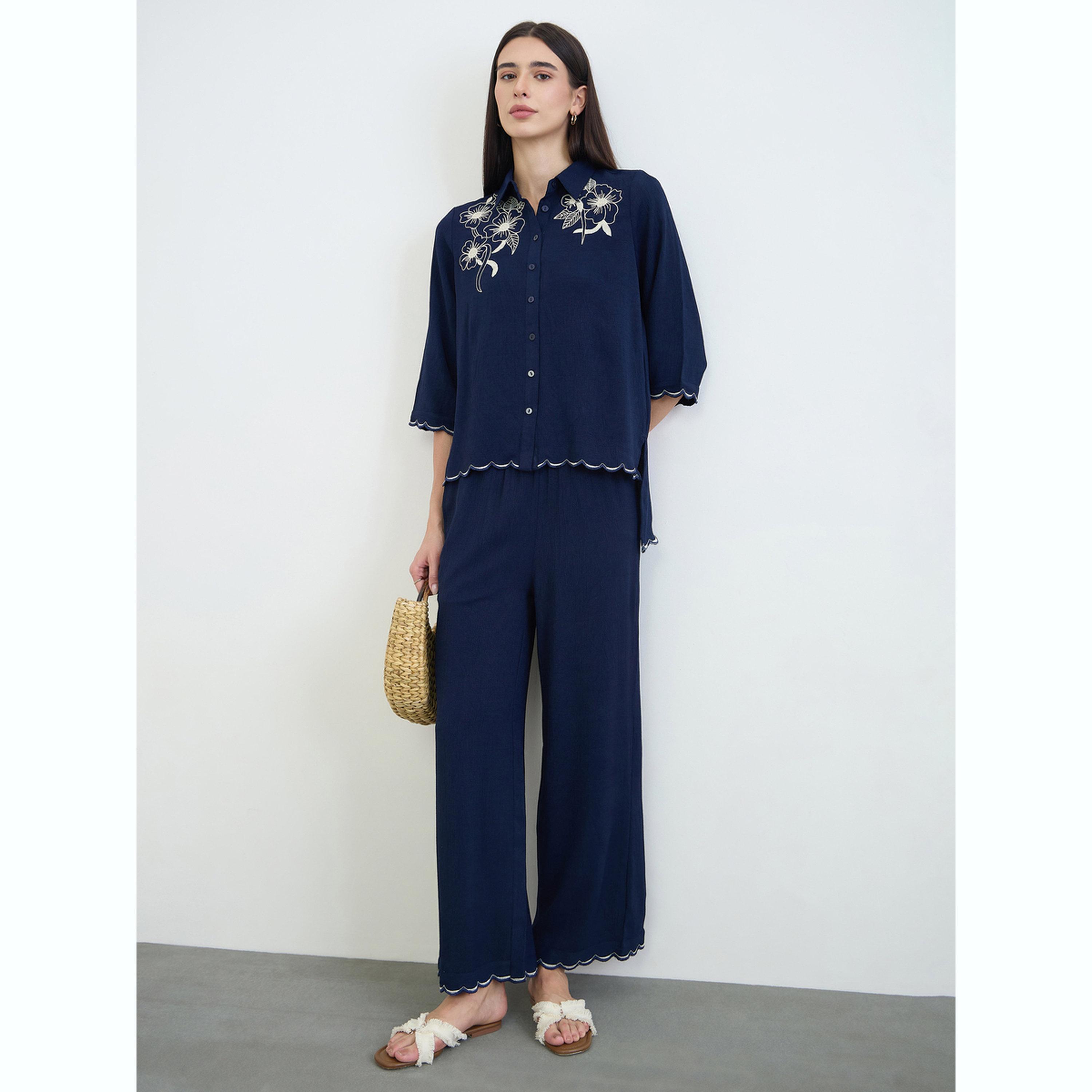 Styli Navy Blue Chambray Embroidered Shirt and Pants Co-Ords-women-clothing-coordsets-image-2