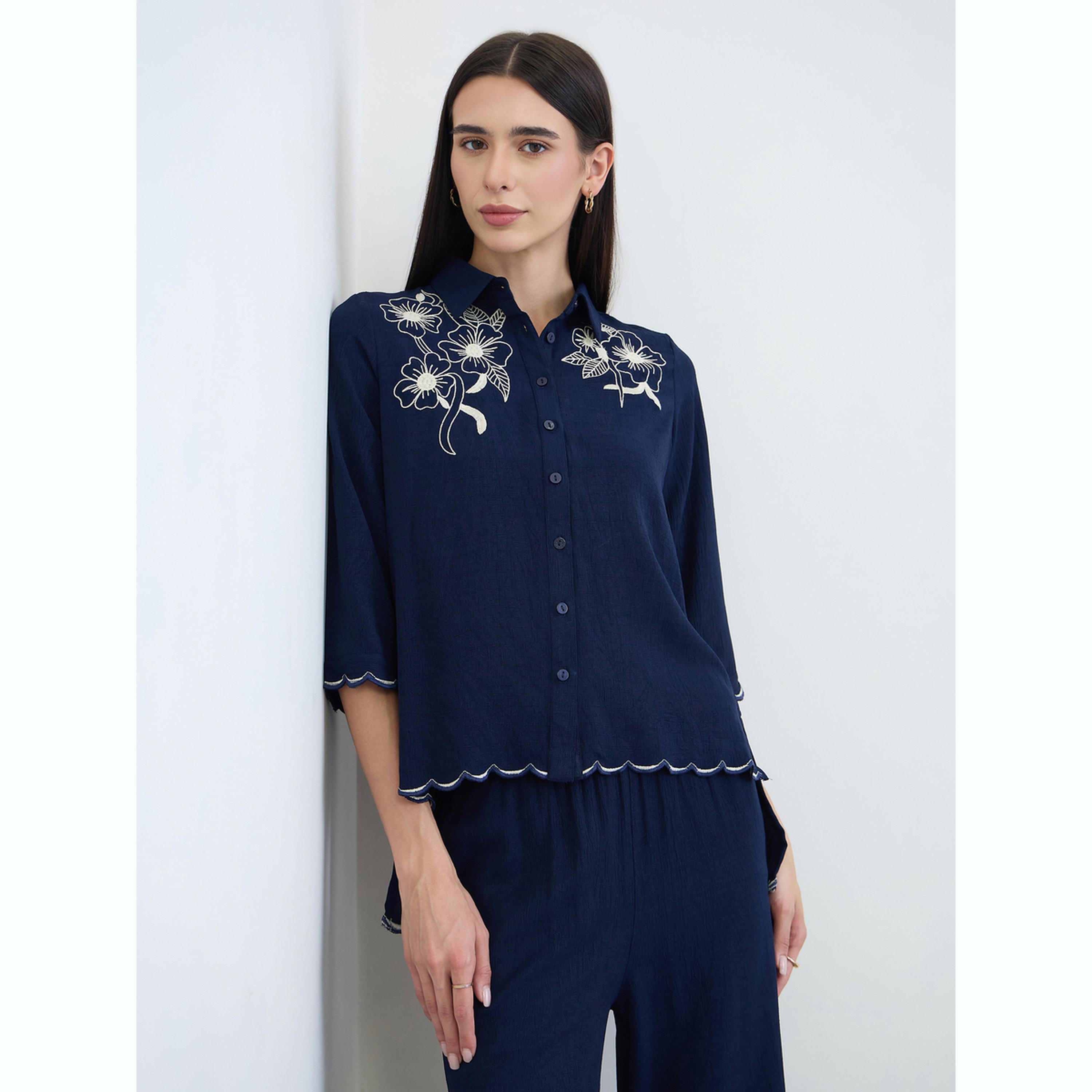 Styli Navy Blue Chambray Embroidered Shirt and Pants Co-Ords-women-clothing-coordsets-image-3