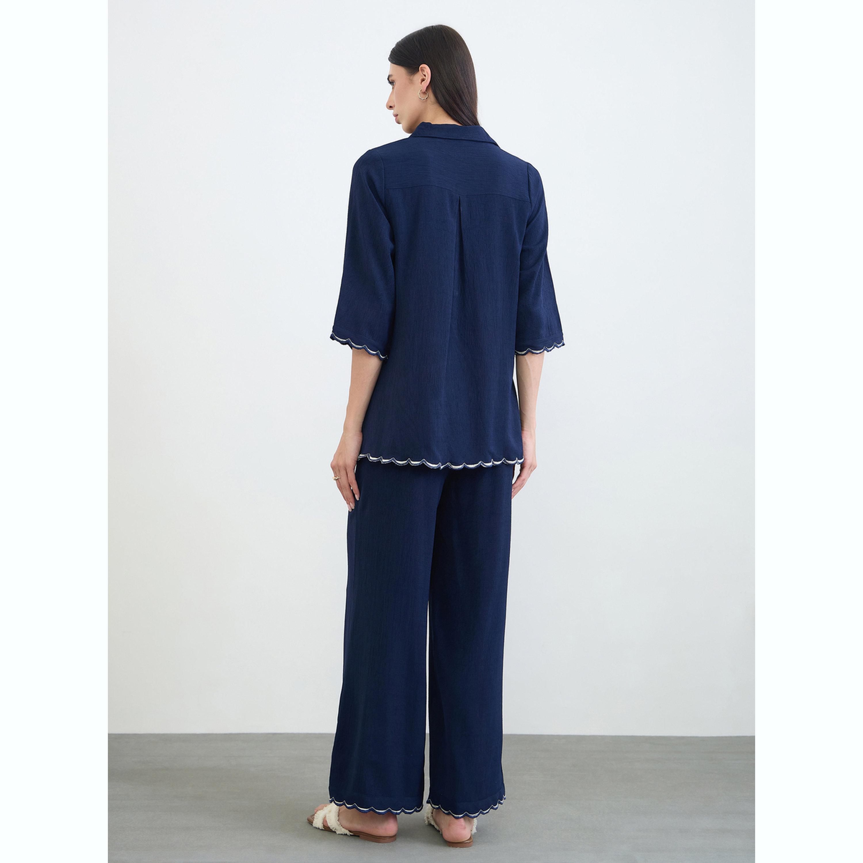 Styli Navy Blue Chambray Embroidered Shirt and Pants Co-Ords-women-clothing-coordsets-image-4