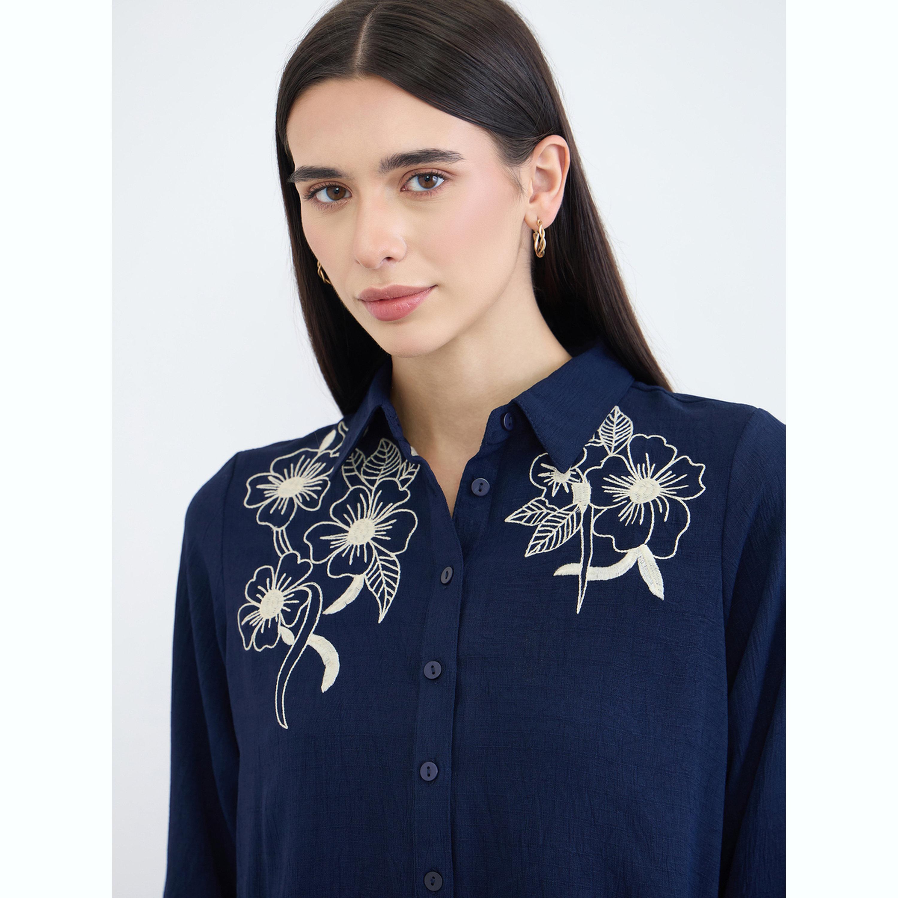 Styli Navy Blue Chambray Embroidered Shirt and Pants Co-Ords-women-clothing-coordsets-image-5