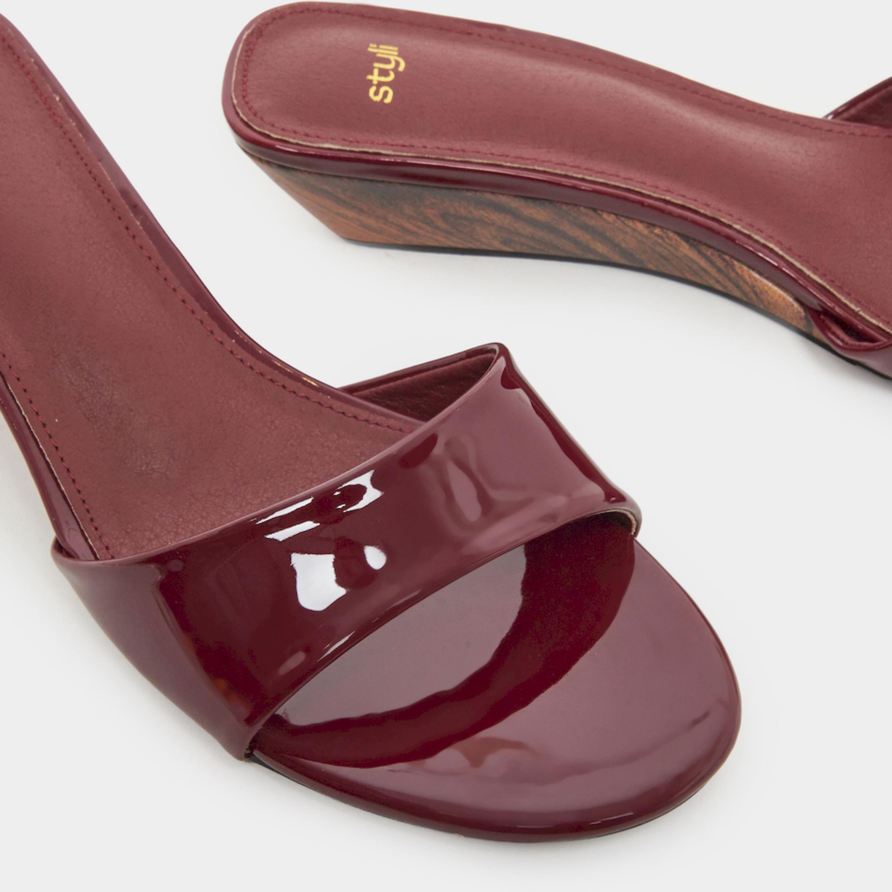 Styli Burgundy Patent Low Wedge Heel Mules-women-shoes-sandals-heeled-image-3