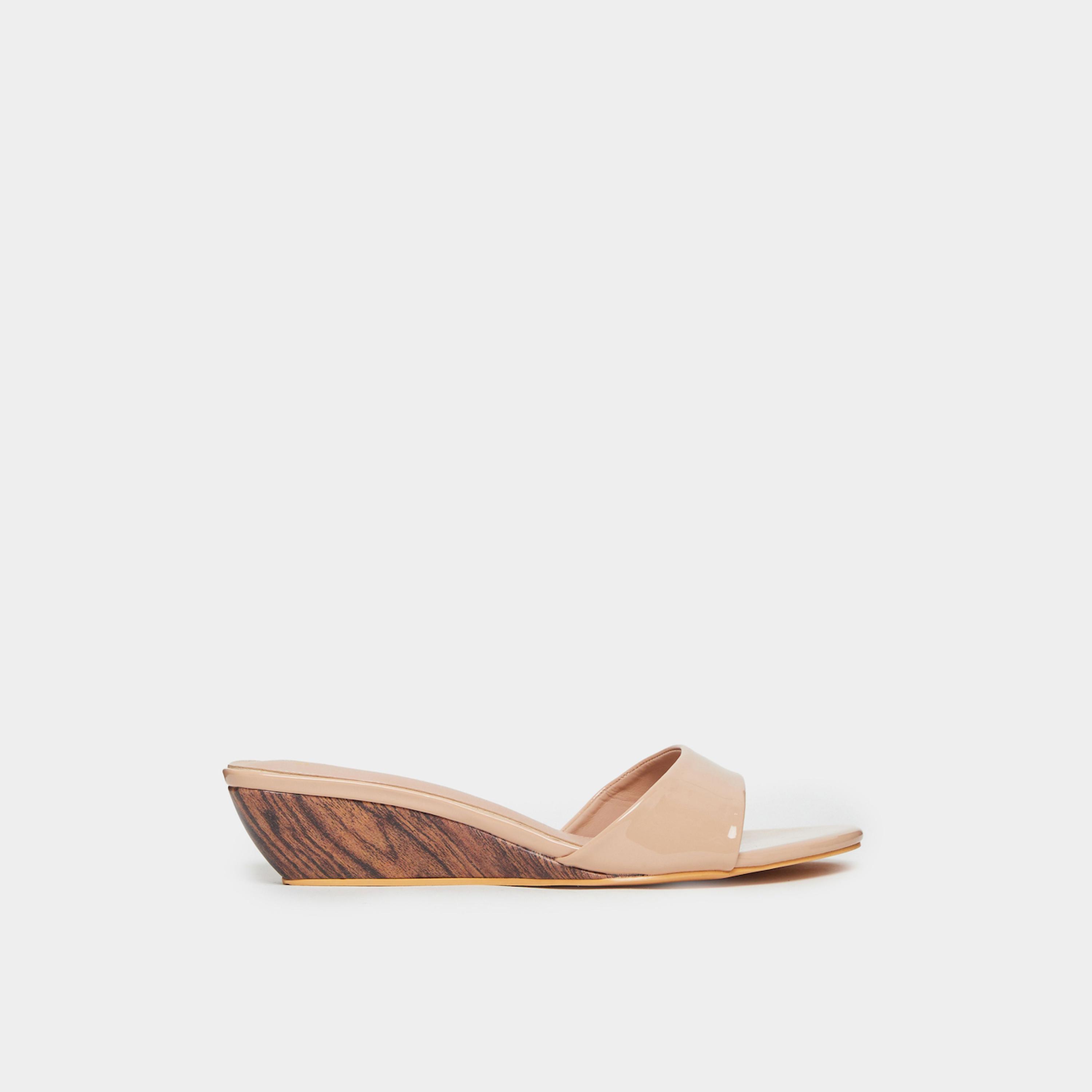 Styli Beige Patent Low Wedge Heel Mules-women-shoes-sandals-heeled-image-2