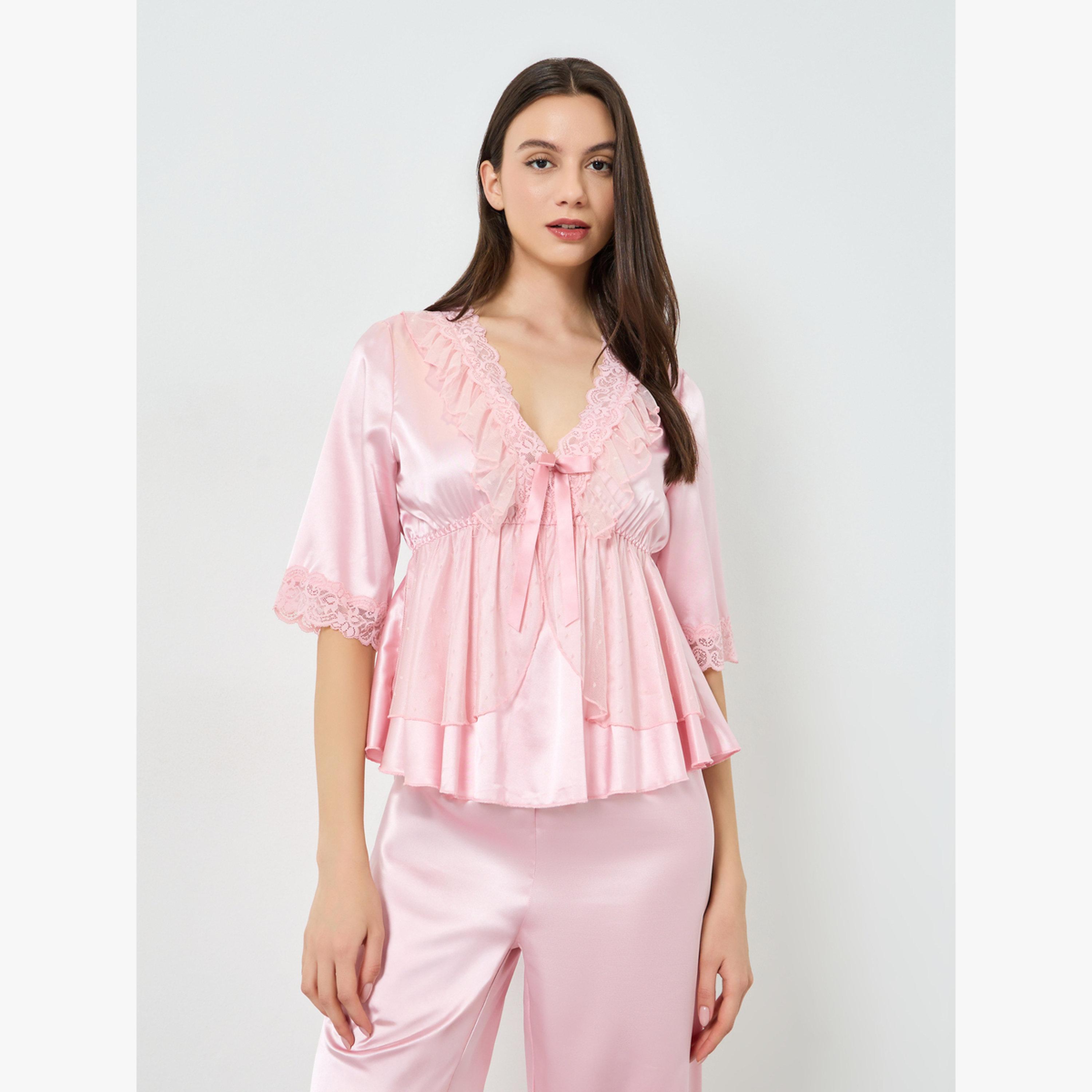 Take Two Pink Bow Detail Lace Trim Top with Pyjama Set-women-clothing-nightwear-pyjamas-longsets-image-2