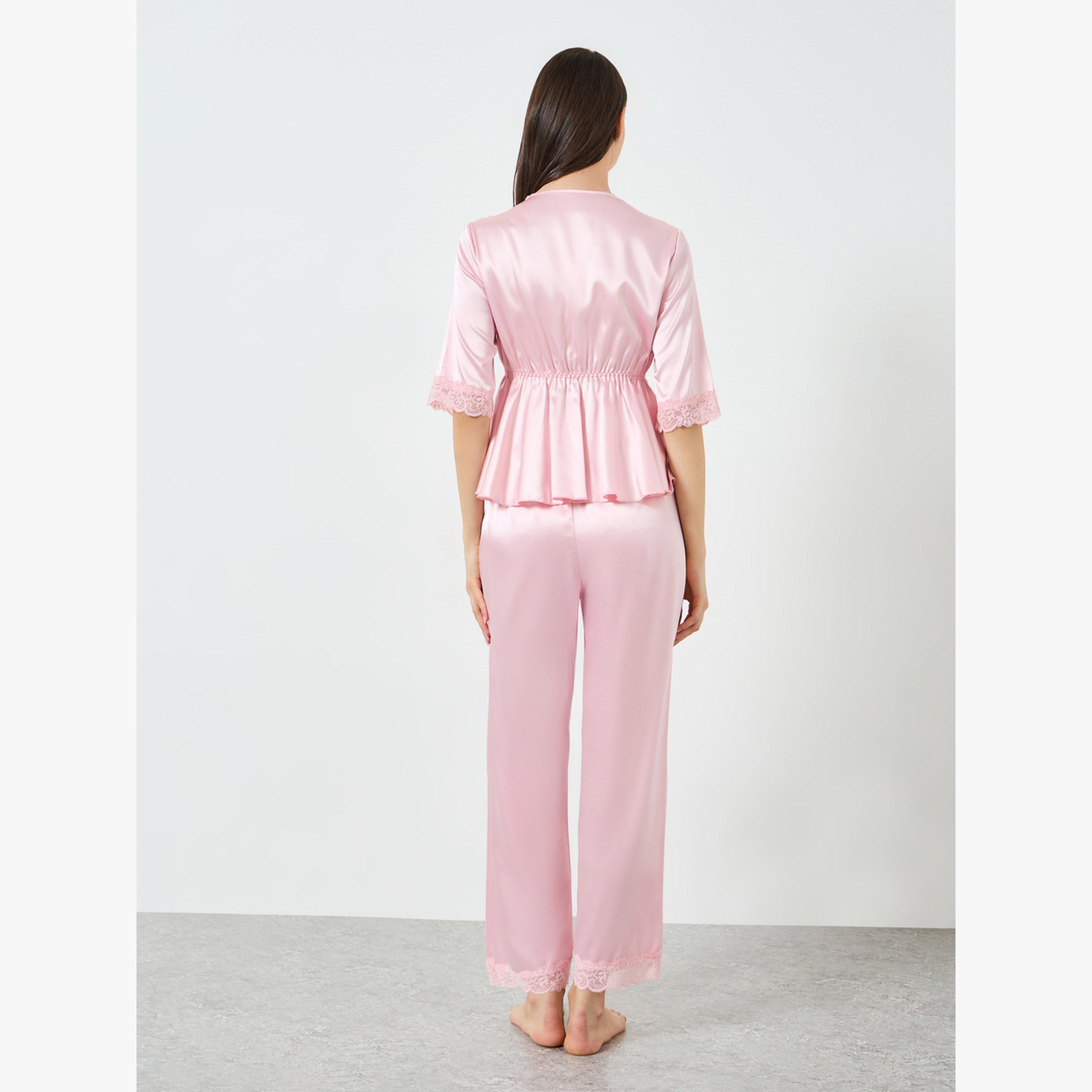 Take Two Pink Bow Detail Lace Trim Top with Pyjama Set-women-clothing-nightwear-pyjamas-longsets-image-3