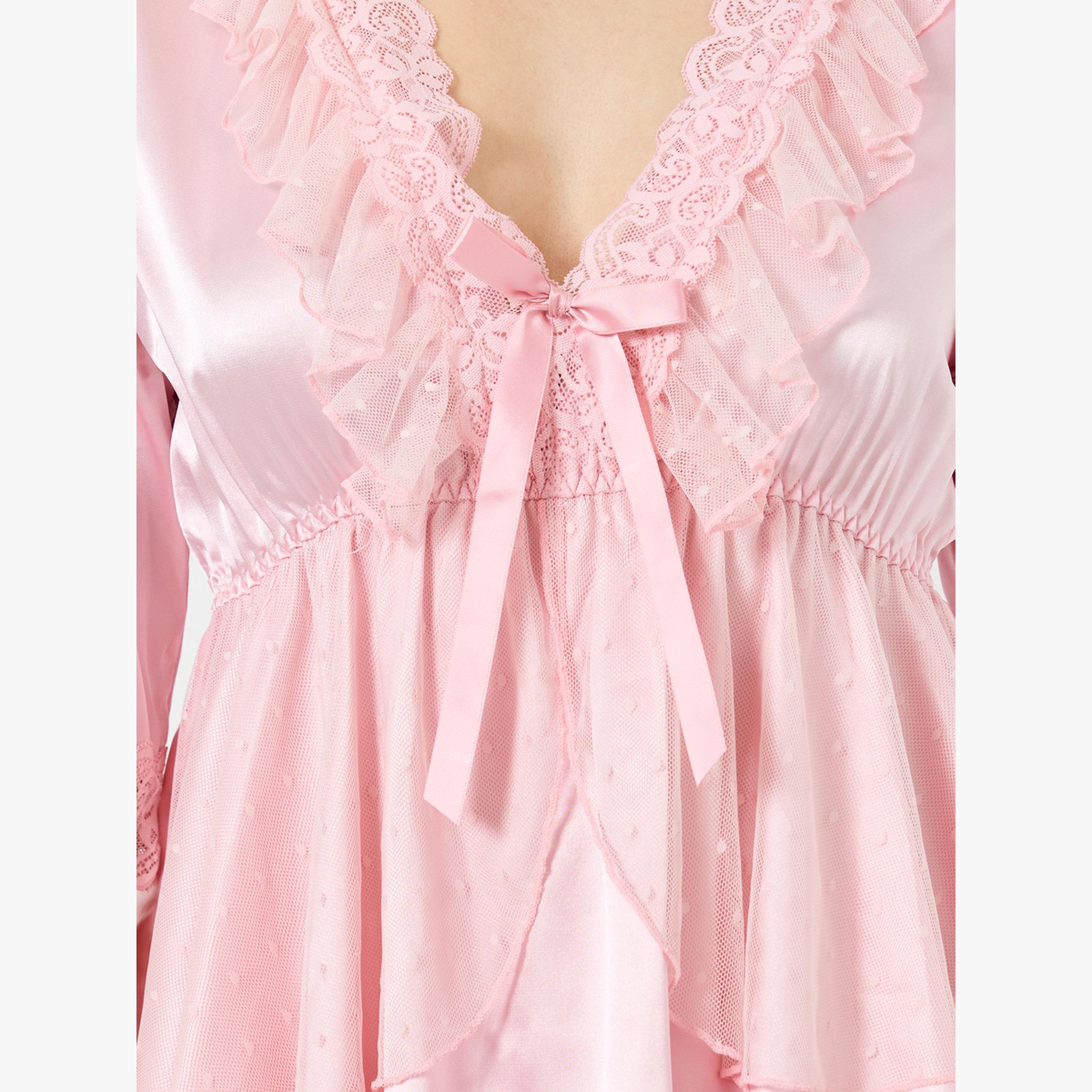 Take Two Pink Bow Detail Lace Trim Top with Pyjama Set-women-clothing-nightwear-pyjamas-longsets-image-5