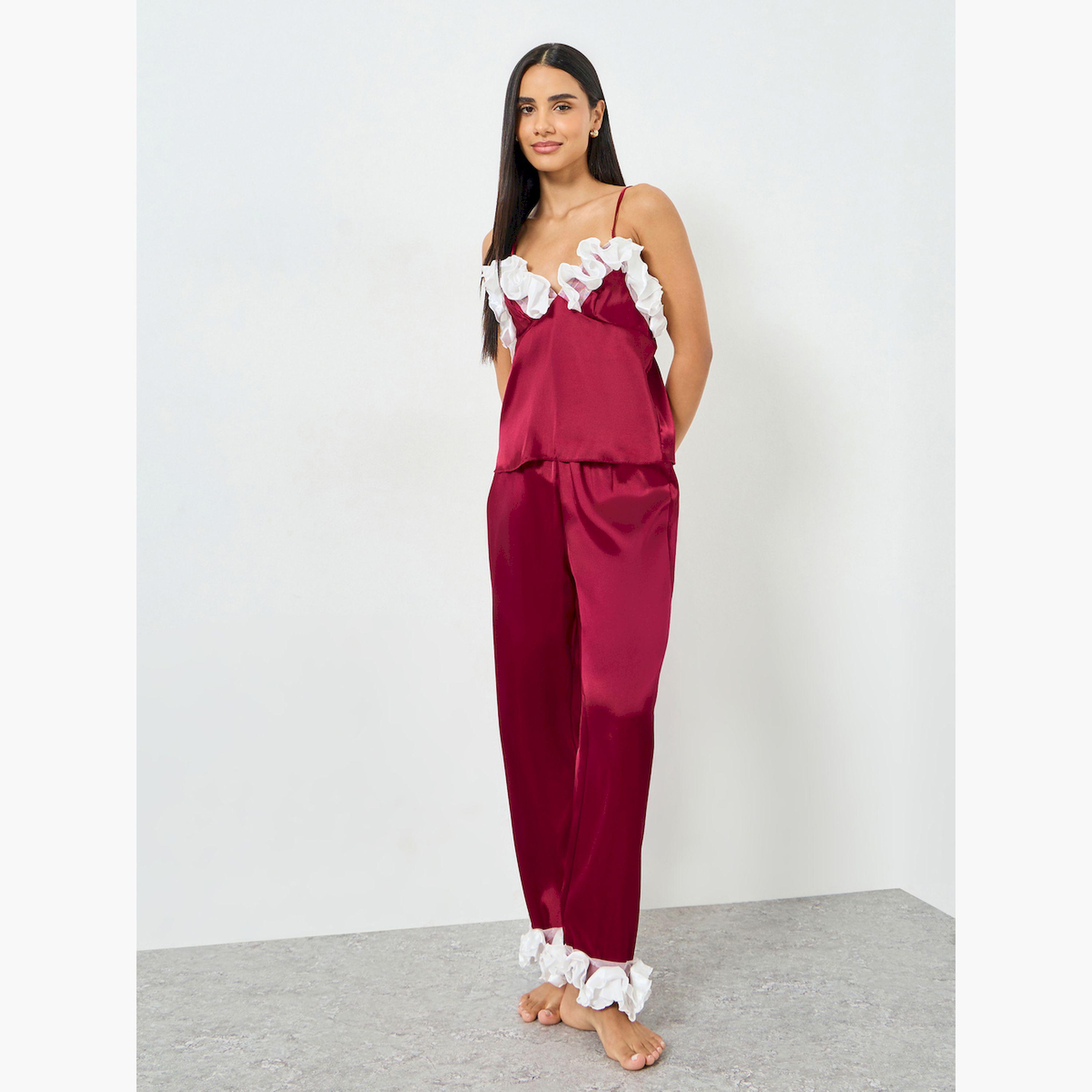Take Two Red Ruffle Trim Satin Cami and Pyjama Set-women-clothing-nightwear-pyjamas-longsets-image-1