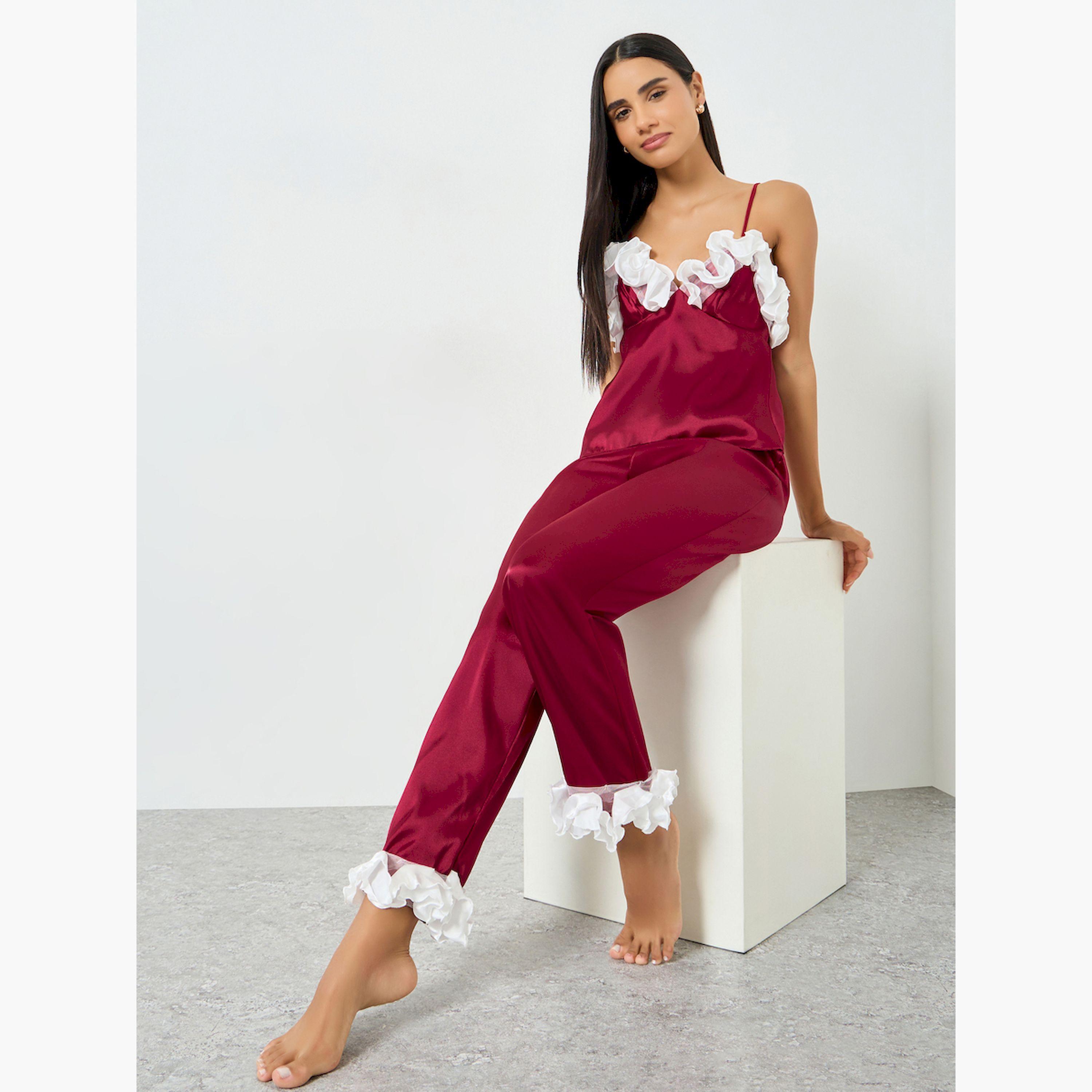 Take Two Red Ruffle Trim Satin Cami and Pyjama Set-women-clothing-nightwear-pyjamas-longsets-image-2