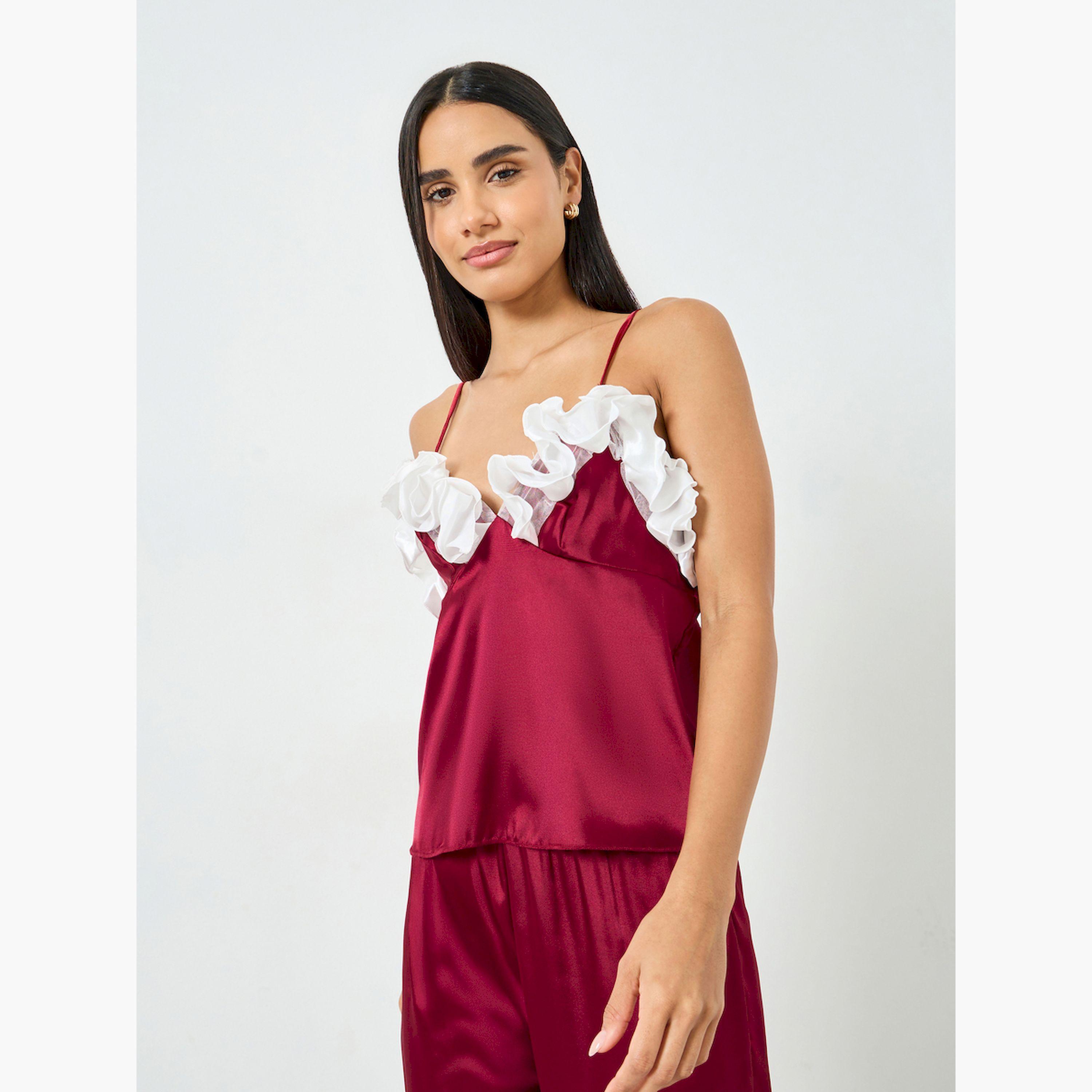 Take Two Red Ruffle Trim Satin Cami and Pyjama Set-women-clothing-nightwear-pyjamas-longsets-image-3