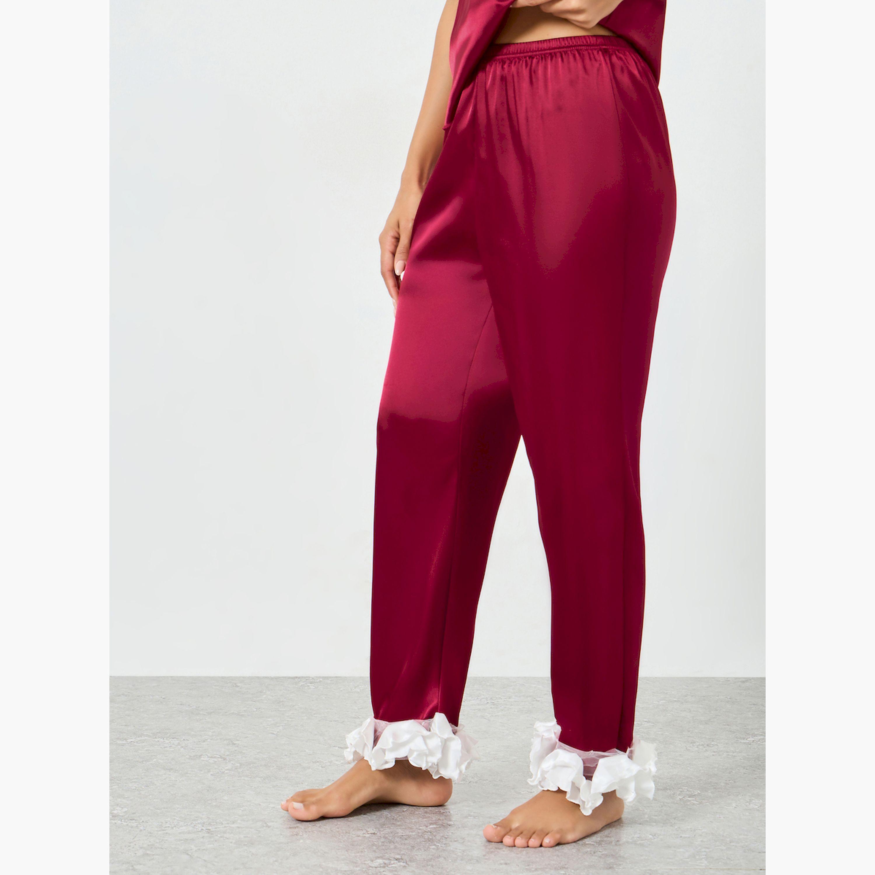 Take Two Red Ruffle Trim Satin Cami and Pyjama Set-women-clothing-nightwear-pyjamas-longsets-image-5