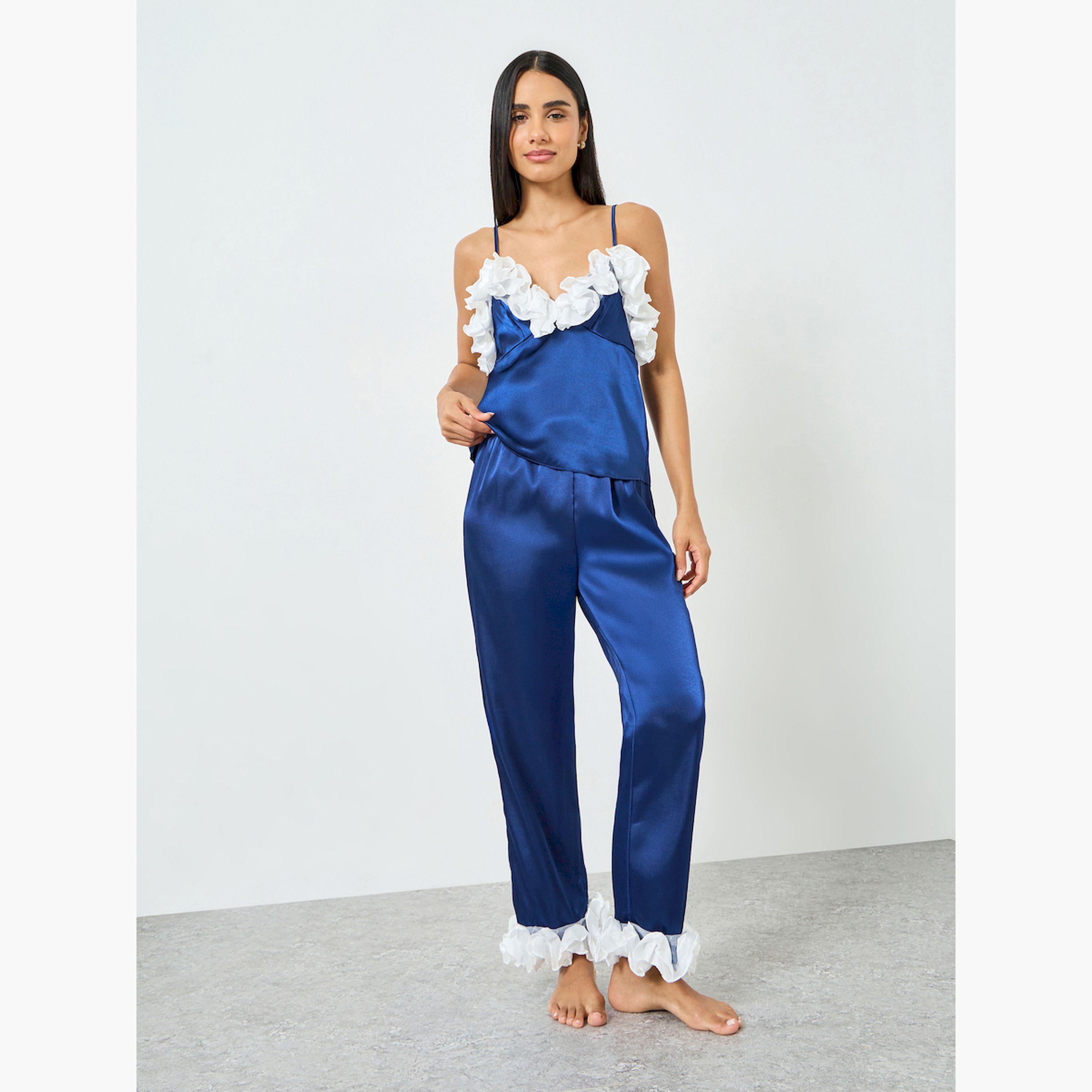 Take Two Navy Blue Ruffle Trim Satin Cami and Pyjama Set-women-clothing-nightwear-pyjamas-longsets-image-1
