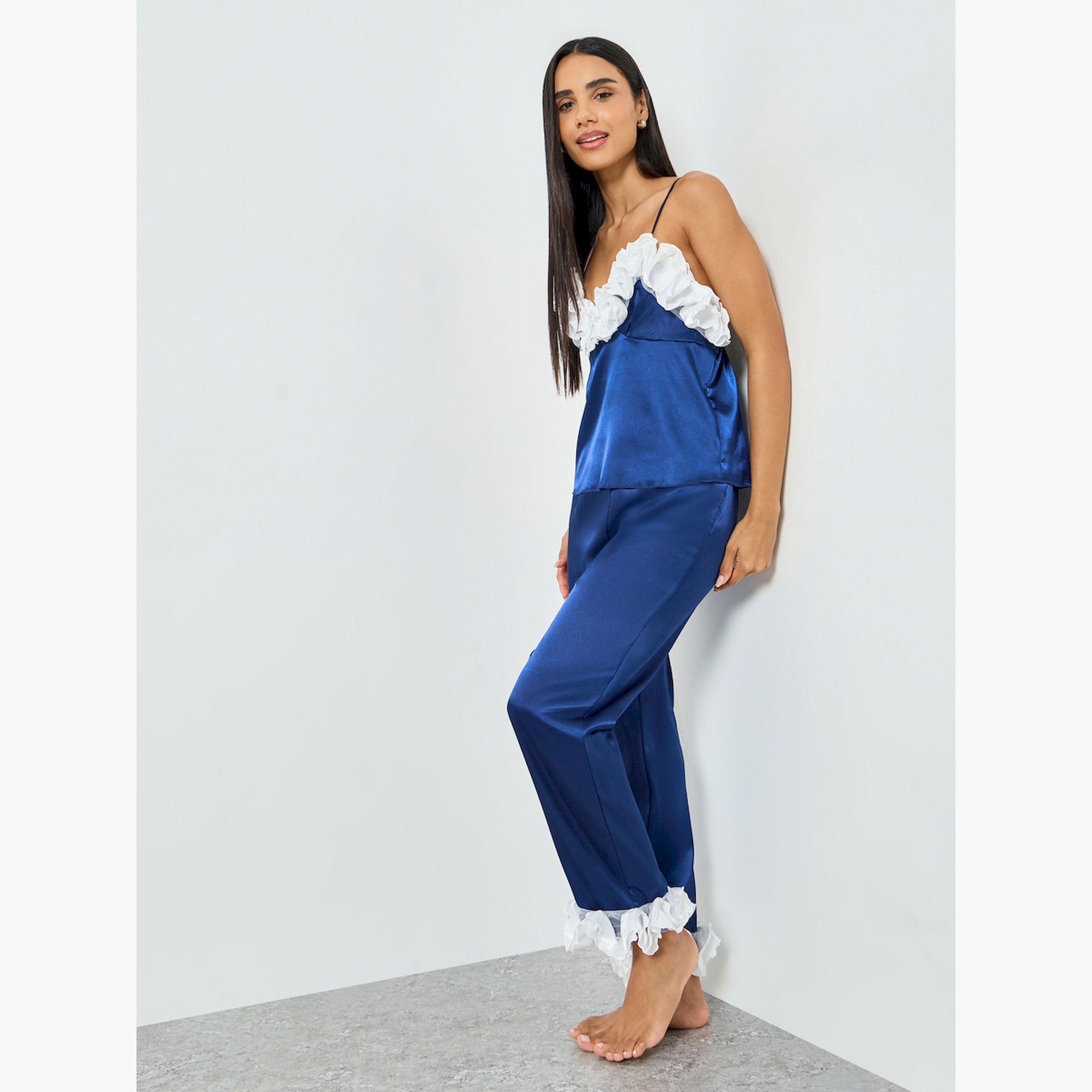 Take Two Navy Blue Ruffle Trim Satin Cami and Pyjama Set-women-clothing-nightwear-pyjamas-longsets-image-2