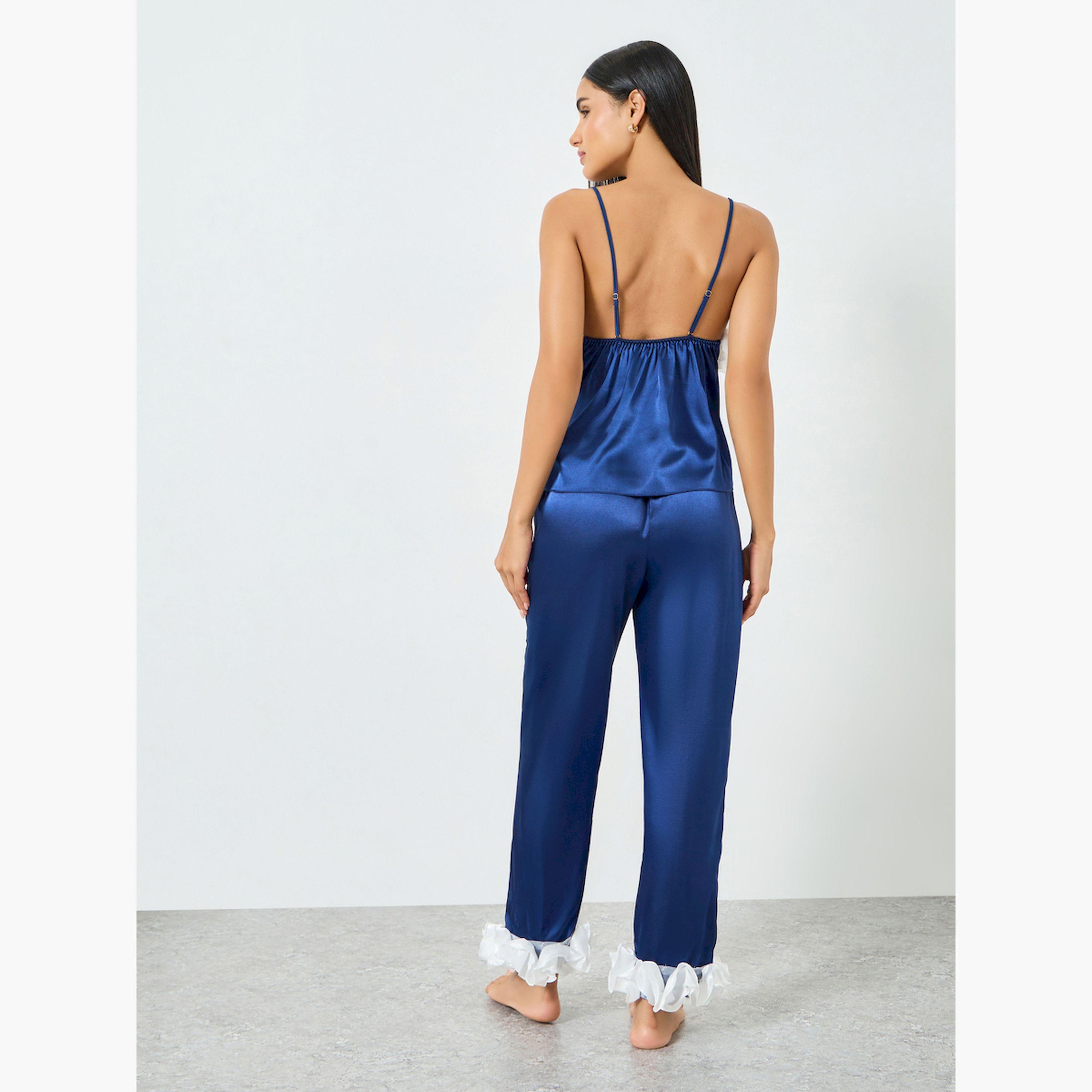 Take Two Navy Blue Ruffle Trim Satin Cami and Pyjama Set-women-clothing-nightwear-pyjamas-longsets-image-4