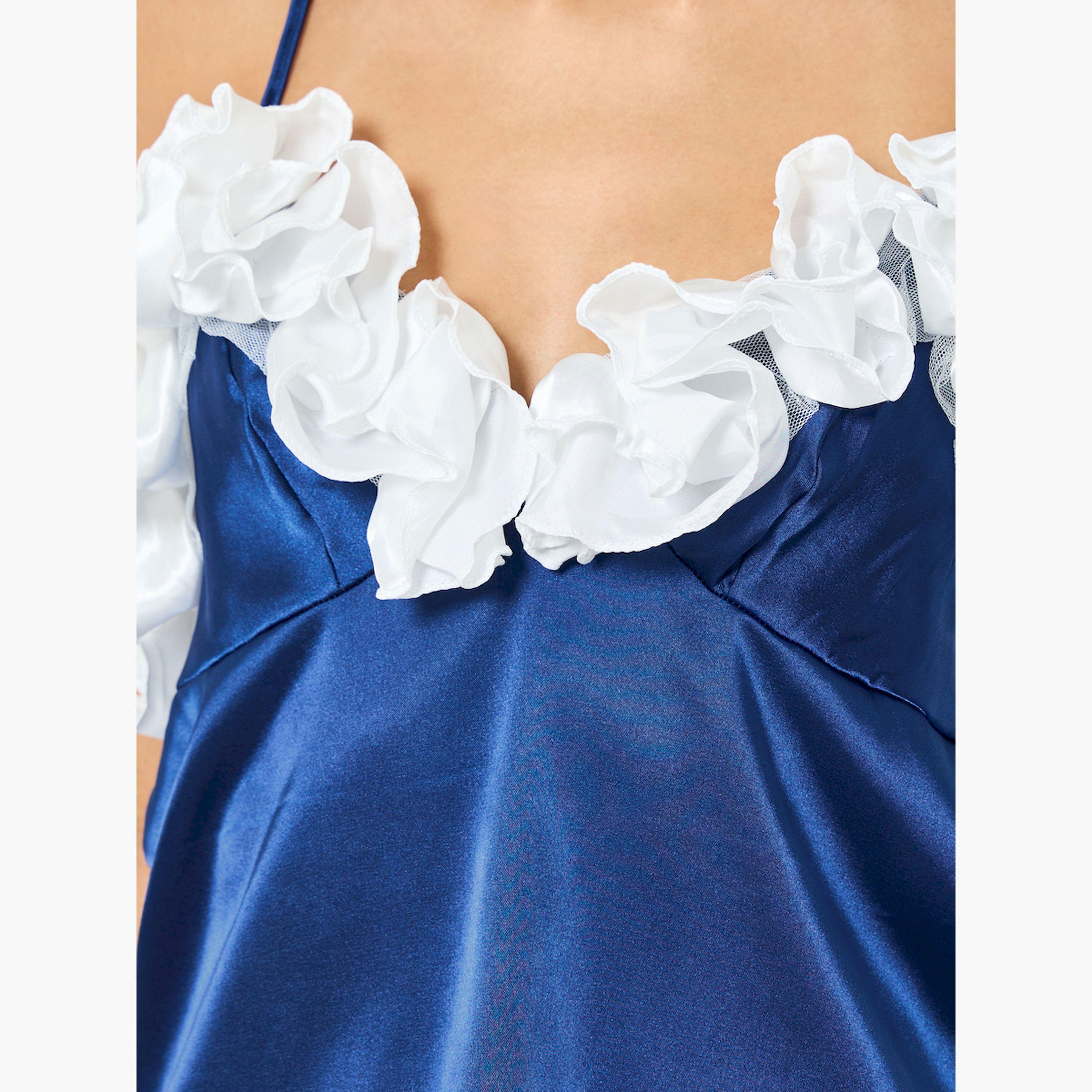 طقم بيجاما وبلوزة كامي ساتان بتفاصيل مكشكشة-women-clothing-nightwear-pyjamas-longsets-image-5