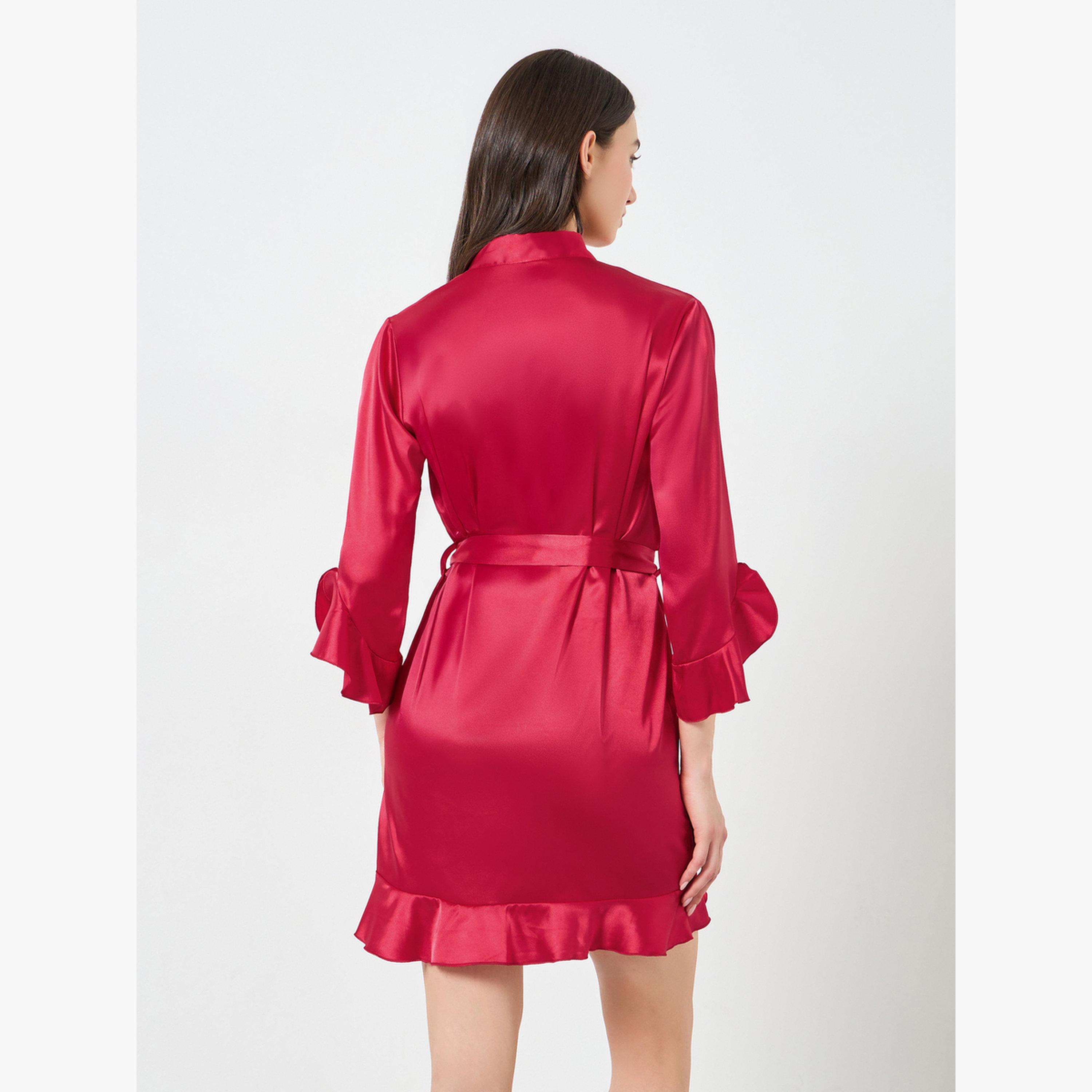 Take Two Red Satin Robe with Ruffle Trim-women-clothing-nightwear-robes-image-2