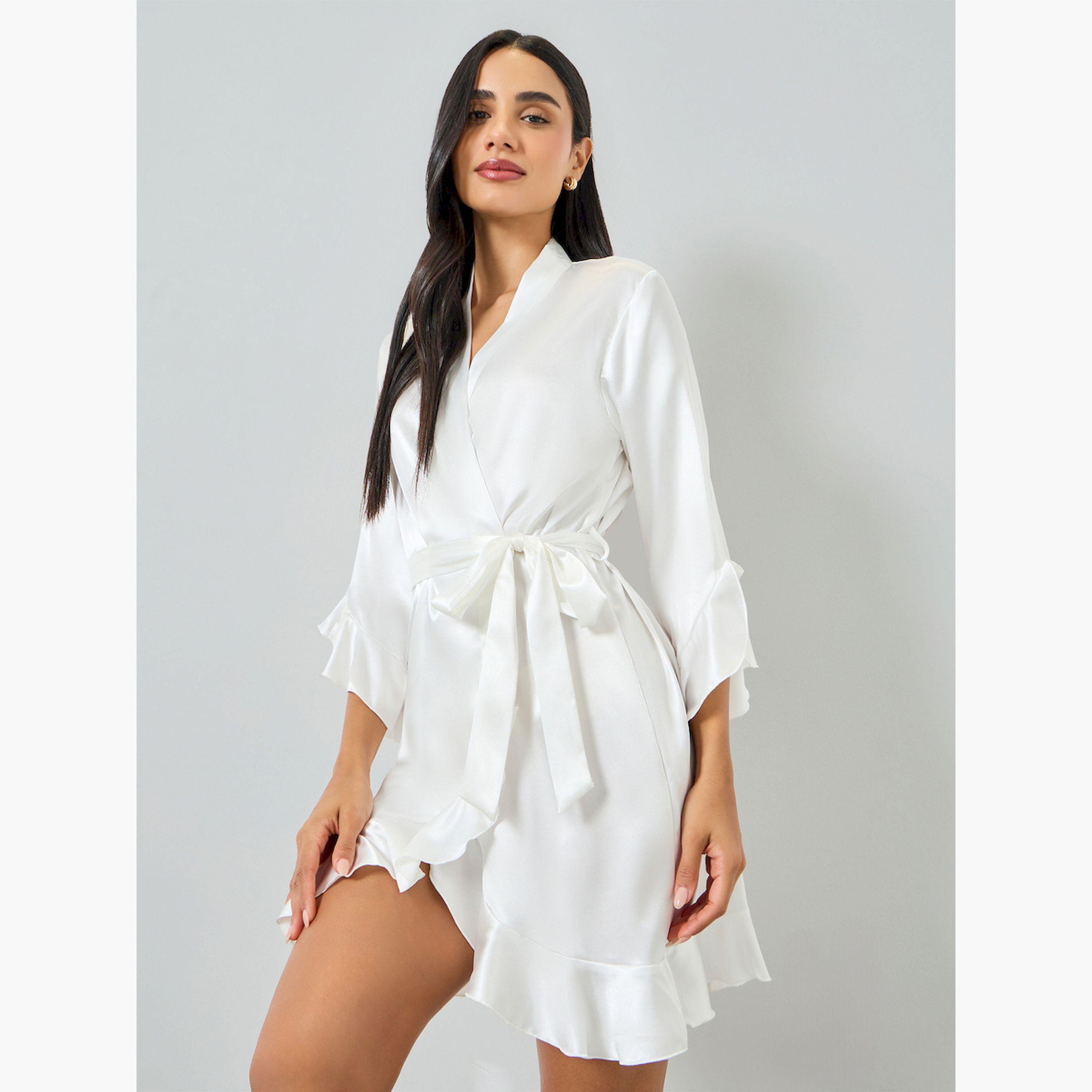Take Two White Ruffle Trim Robe with Waist Tie-women-clothing-nightwear-robes-image-1