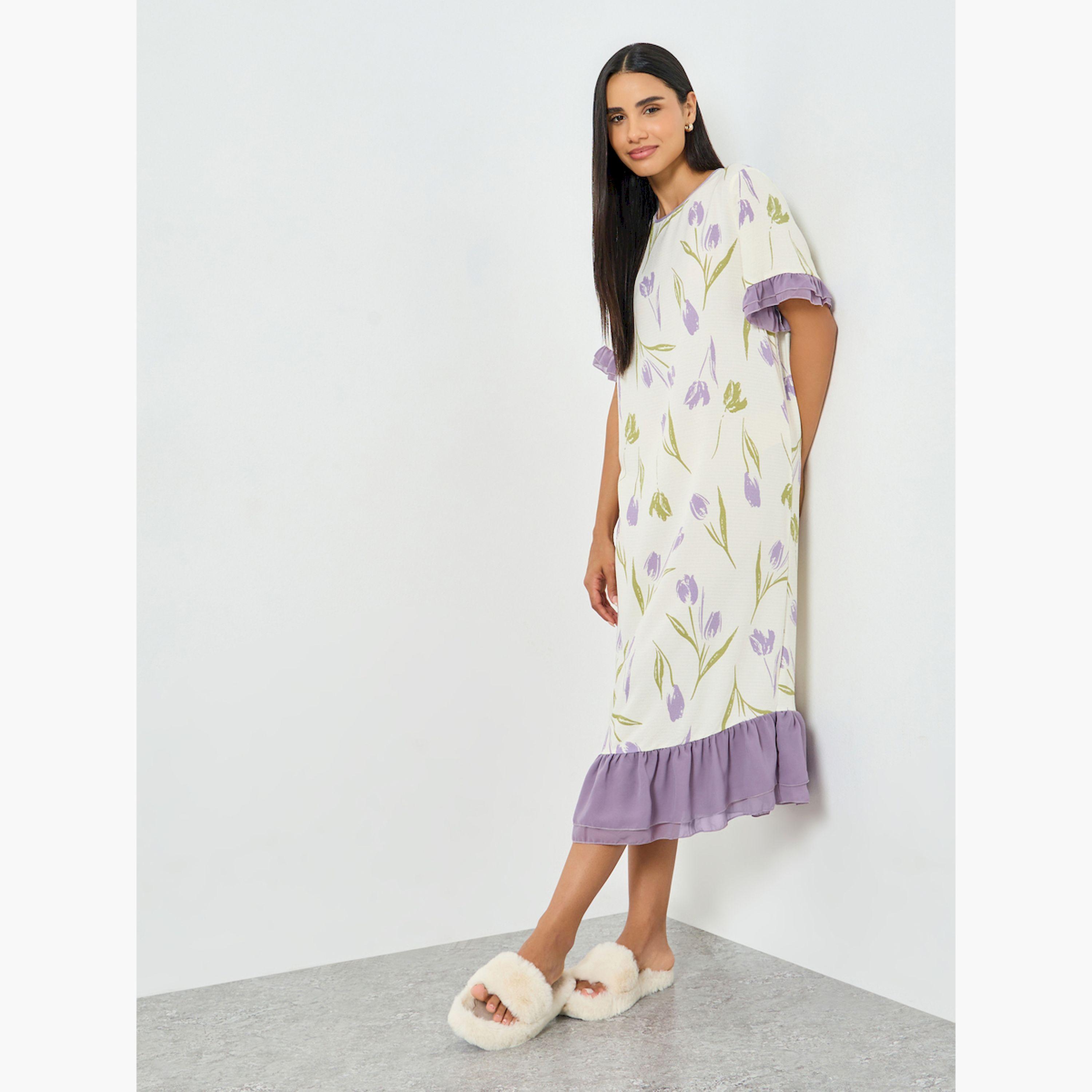 Take Two Cream Floral Print Ruffle Hem Nightdress-women-clothing-nightwear-nighties-image-2