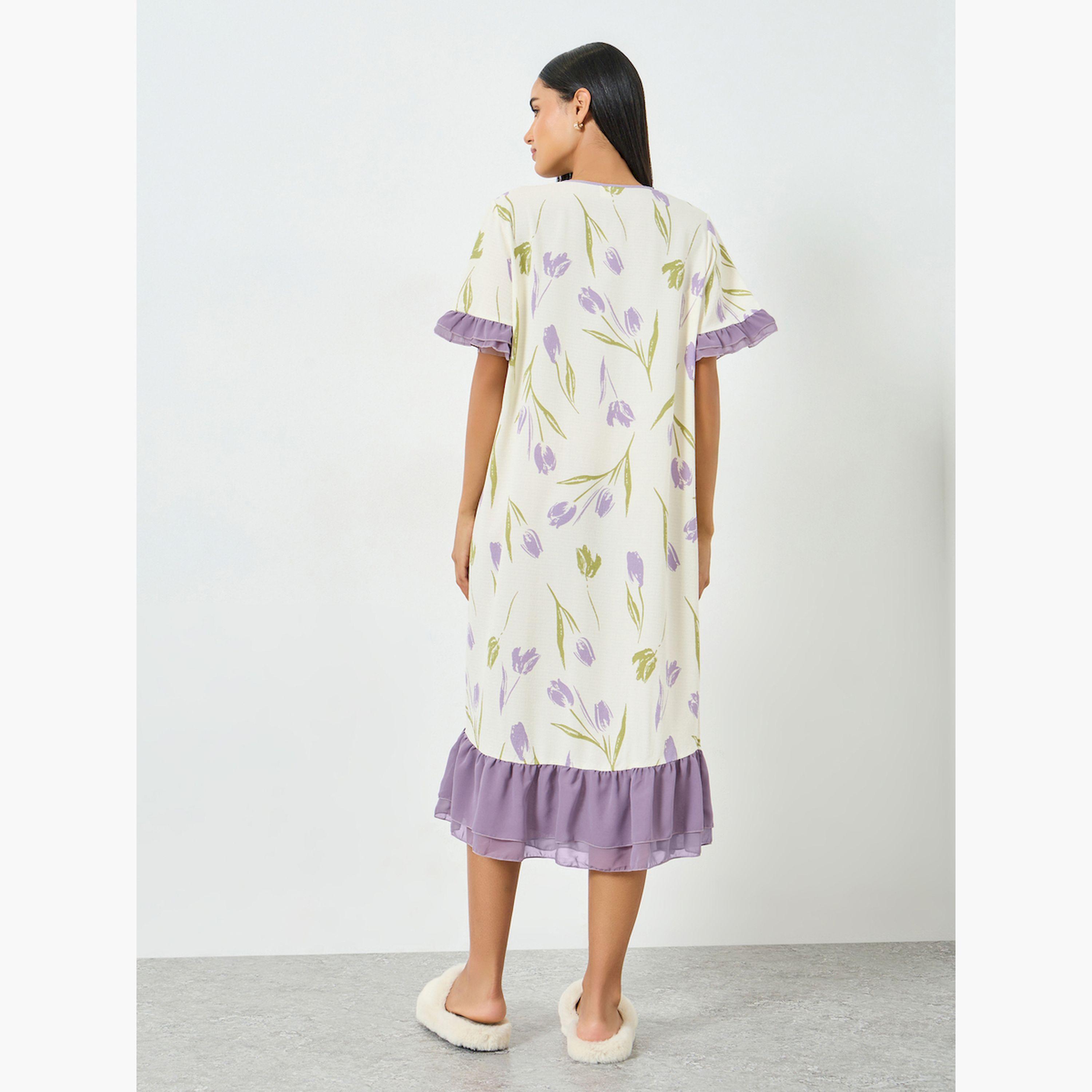 Take Two Cream Floral Print Ruffle Hem Nightdress-women-clothing-nightwear-nighties-image-4