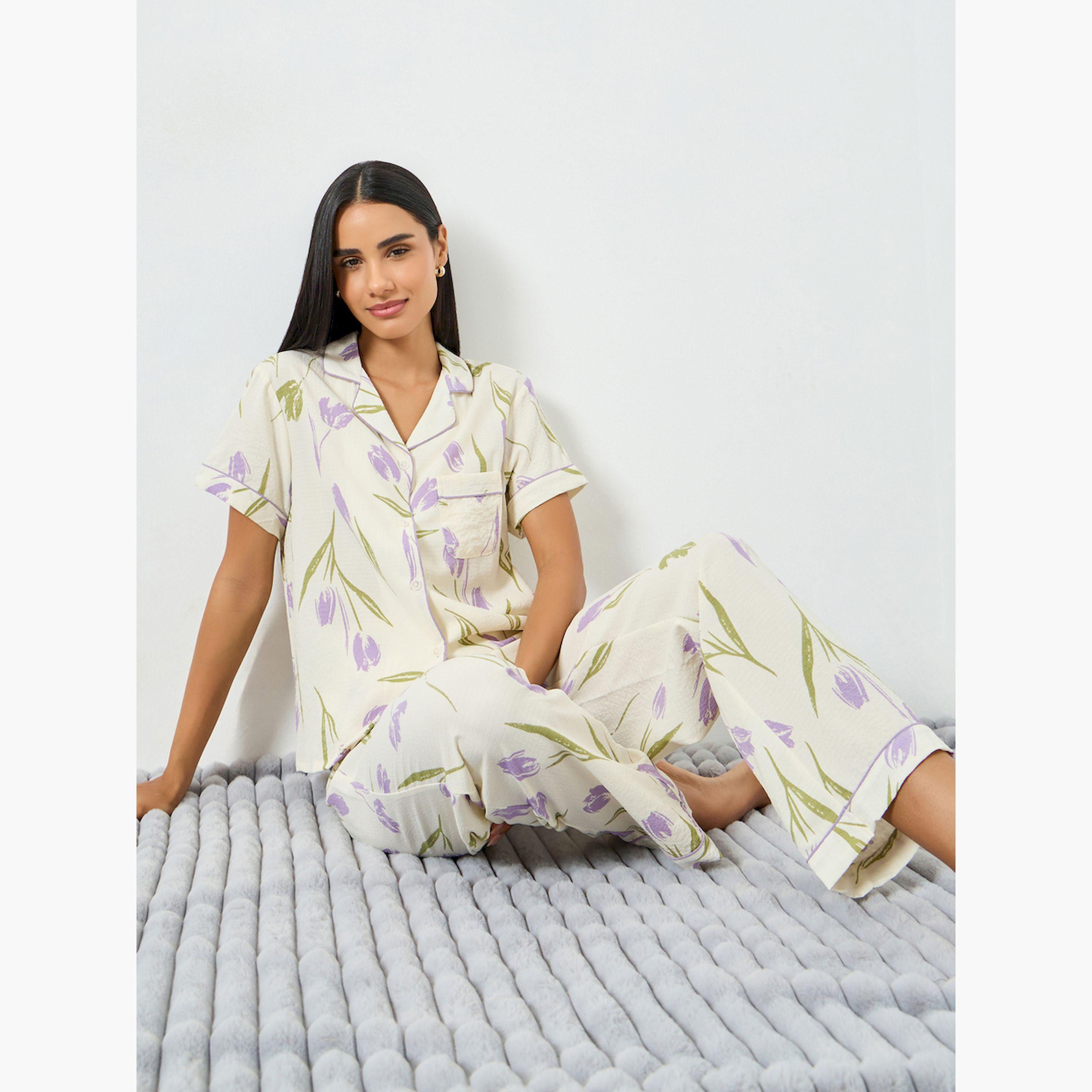 Take Two Cream Floral Print Pocket Detail Shirt and Pyjama Set-women-clothing-nightwear-pyjamas-longsets-image-2