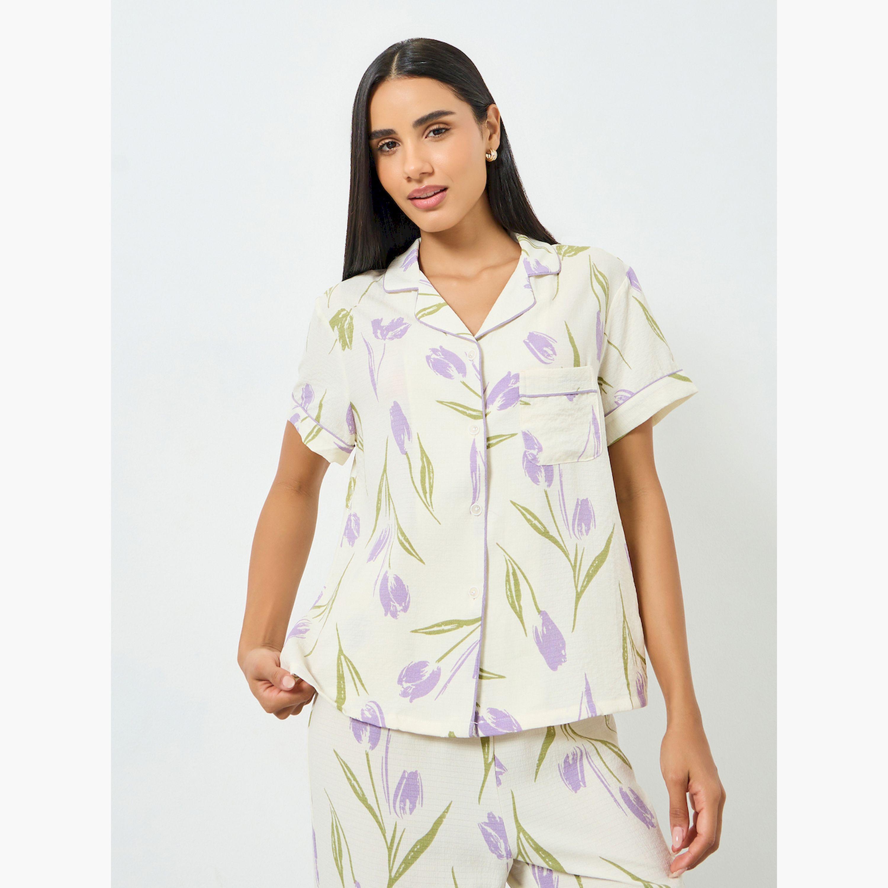 طقم بيجاما من بنطال وبلوزة بتفاصيل جيب وطبعة زهور-women-clothing-nightwear-pyjamas-longsets-image-3