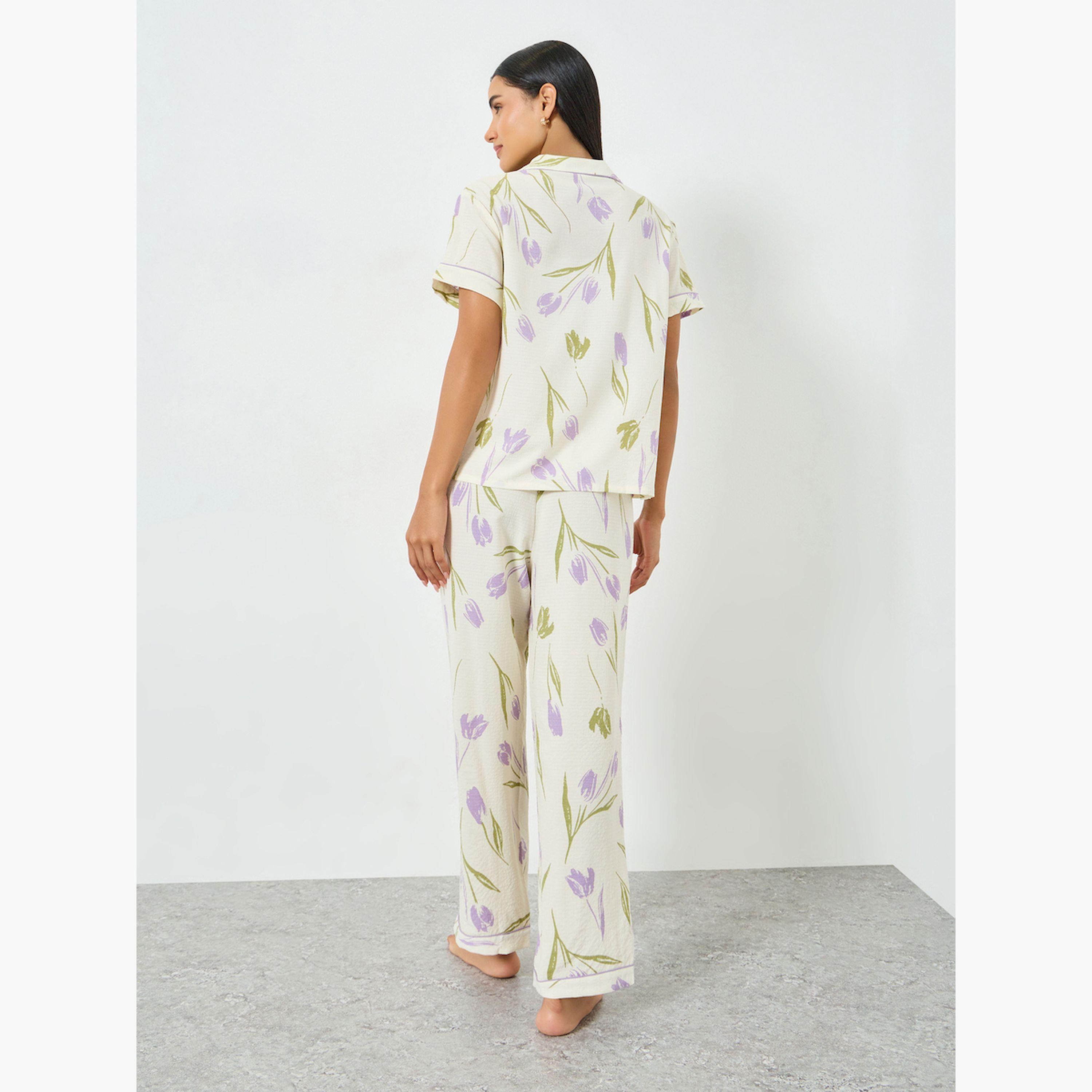 Take Two Cream Floral Print Pocket Detail Shirt and Pyjama Set-women-clothing-nightwear-pyjamas-longsets-image-4