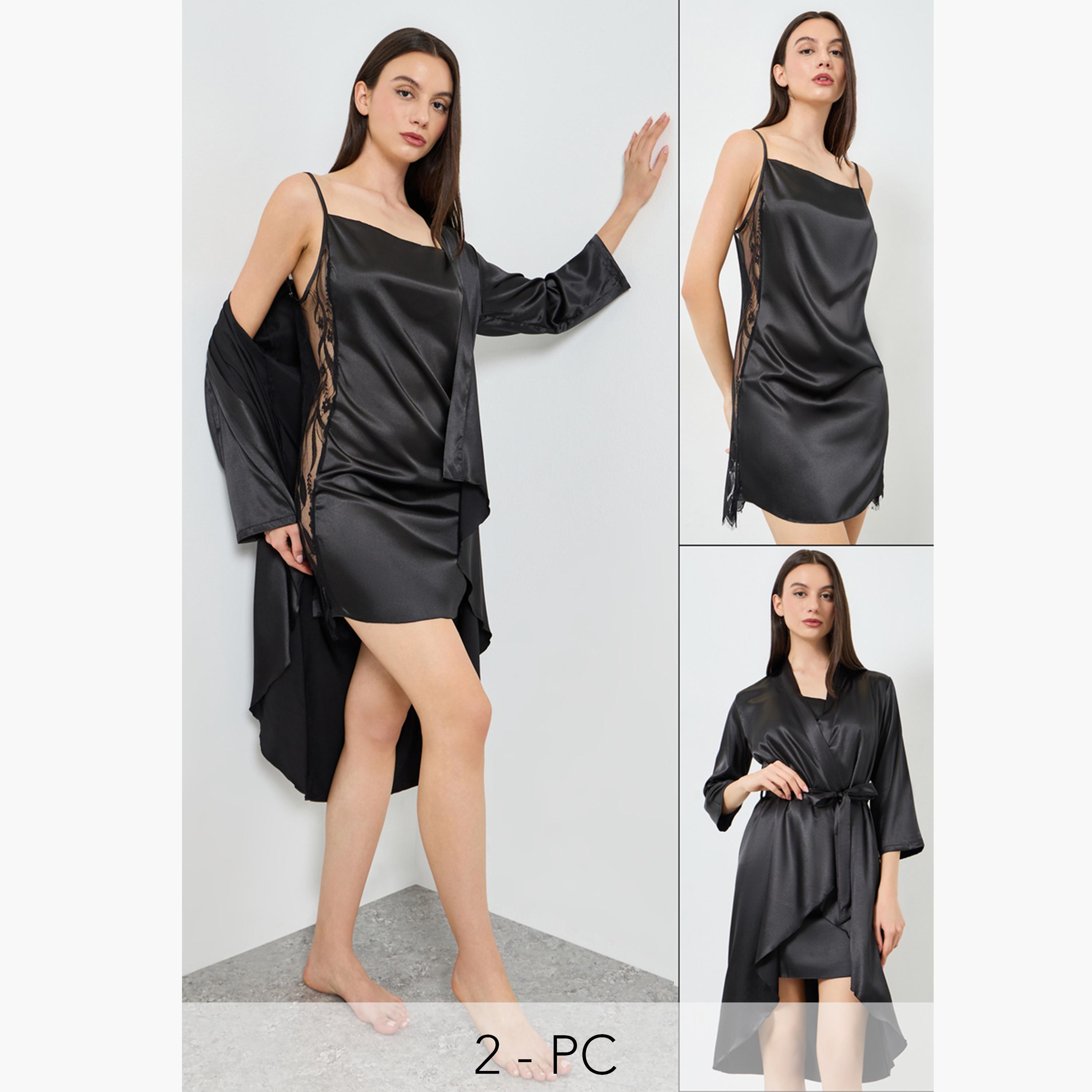 Take Two Black Side Lace Mesh Detail Slip and Robe Set-women-clothing-nightwear-robes-image-1